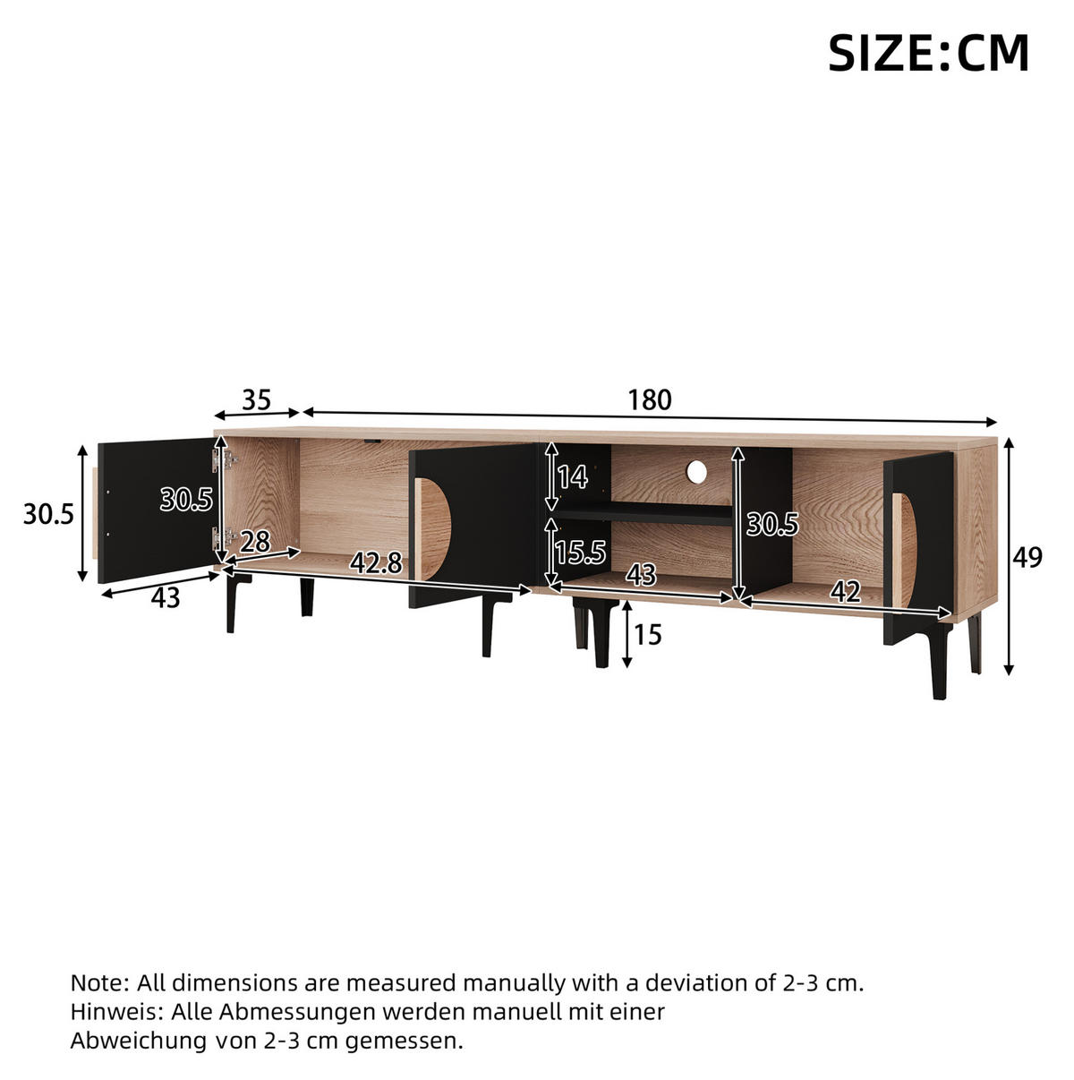 TV-LOWBOARD 180/35/49 cm Eiche-Schwarz aus Spanplatte mit 3 Türen - Schwarz, Holzwerkstoff (180/49/35cm) - OKWISH