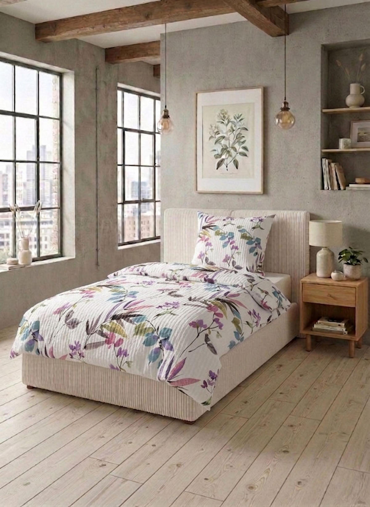 BETTWÄSCHE-GARNITUR Premium Seersucker Frühling viola, 135x200 cm + 80x80 cm - Violett, Textil (135/200cm) - biberna