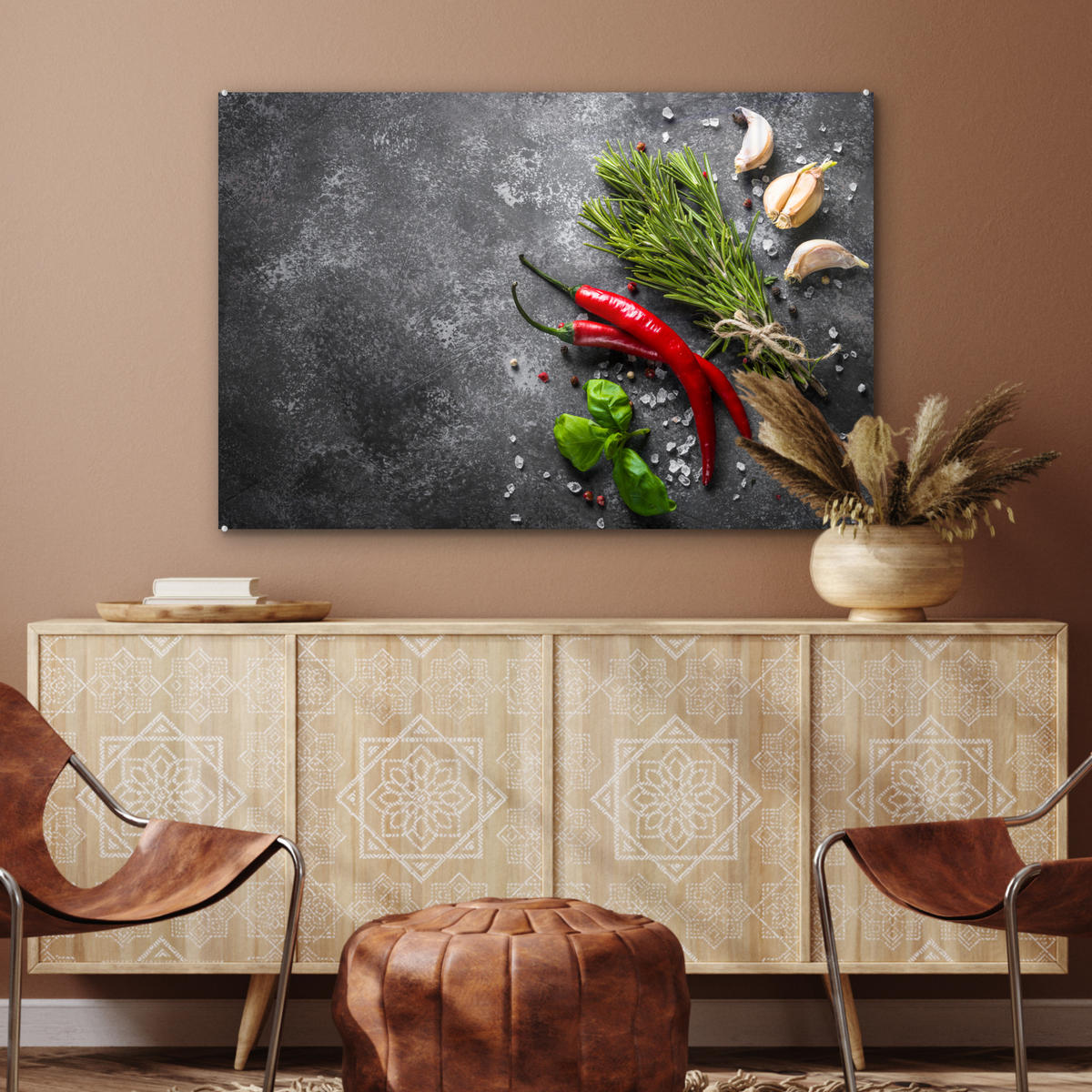 ACRYLGLASBILD Pfeffer - Kräuter - Gewürze - Beton 120x80 cm - Dunkelgrau, Glas (120/80cm) - MuchoWow