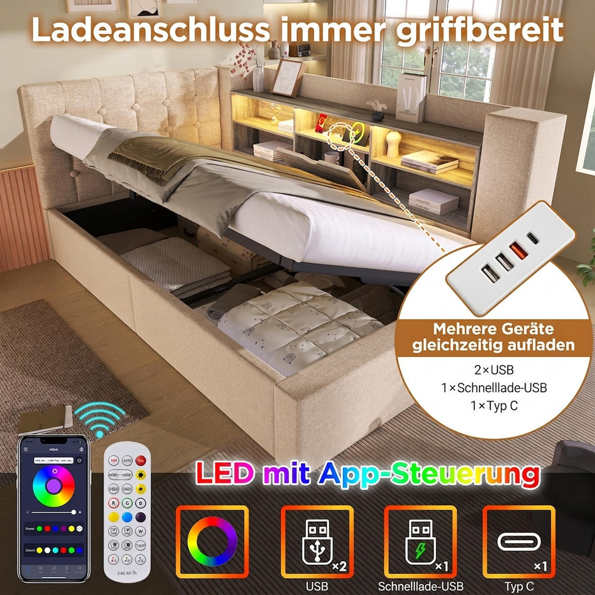POLSTERBETT 140/190 cm Beige mit LED-Beleuchtung und Stauraum (Ohne Matratze) - Beige, Textil (140/190cm) - Oxeza