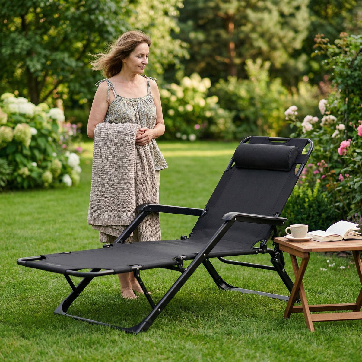 GARTEN-RELAXSESSEL mit Kissen, 180/52 cm, bis 120 kg - Schwarz, Metall (52/76/180cm) - Luverno