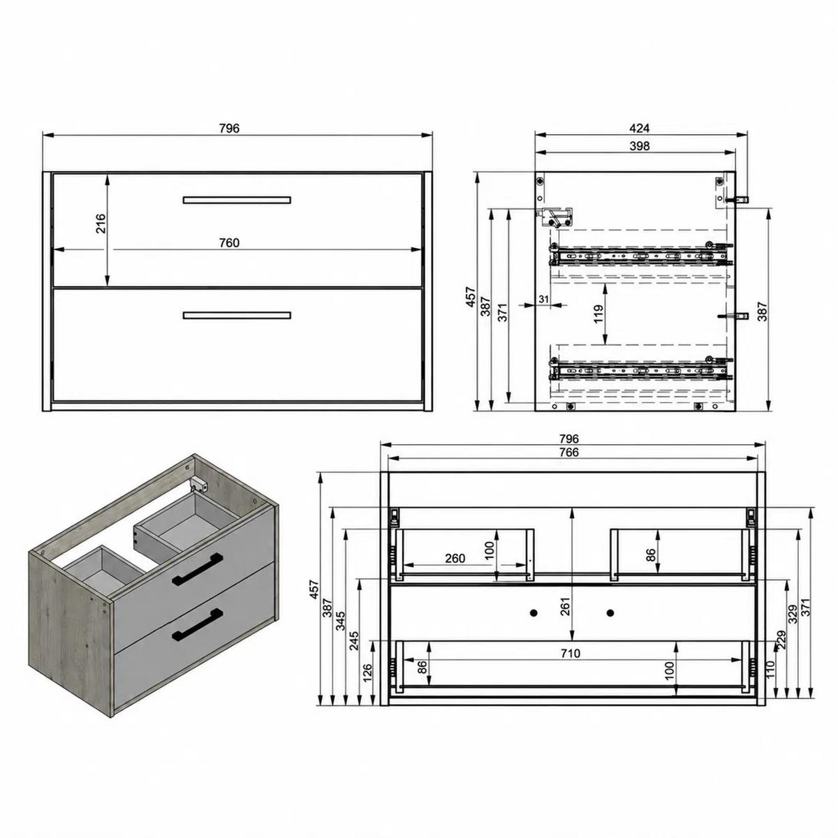 WASCHBECKENUNTERSCHRANK Florence 2 Schubladen Kastanien Eiche - 80 x 46 x 46 cm - Eichefarben, Holz (80/46/46cm) - Badplaats