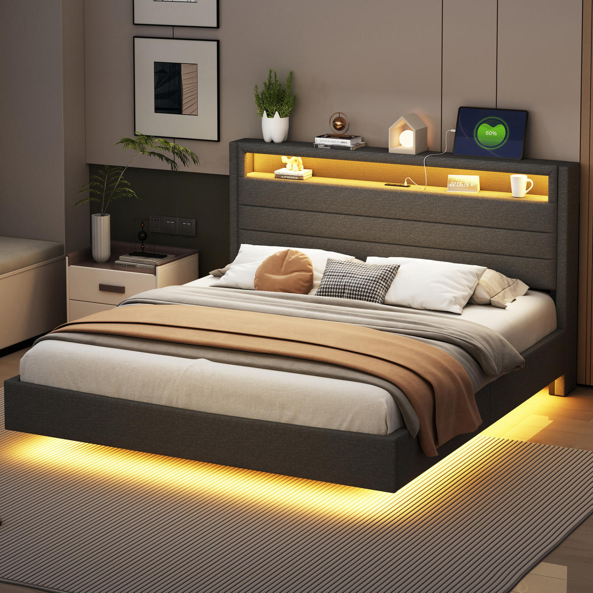 ČALÚNENÁ posteľ z ľanovej tkaniny 160x200 cm sivá s USB portom, LED osvetlením a úložným čelom - sivá, textil (160/200cm) - Modfu