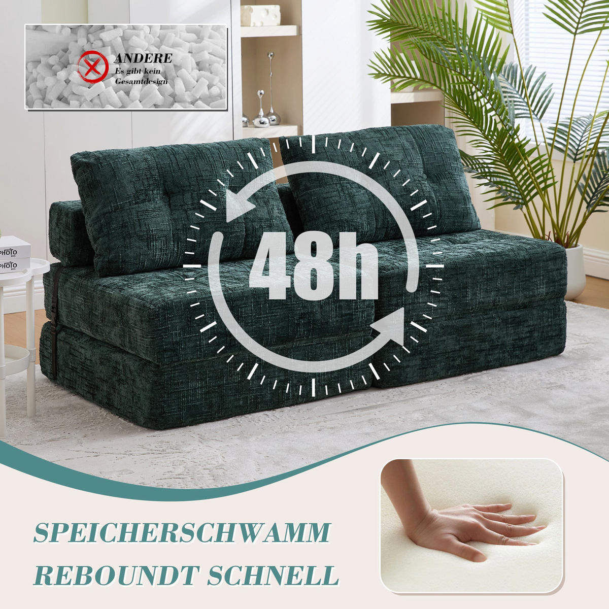 KLAPPBARER Chenille-Sessel mit Kissen, 79 x 79 x 57 cm, Grün - Dunkelgrün, Textil (79/57/79cm) - Urban Meuble