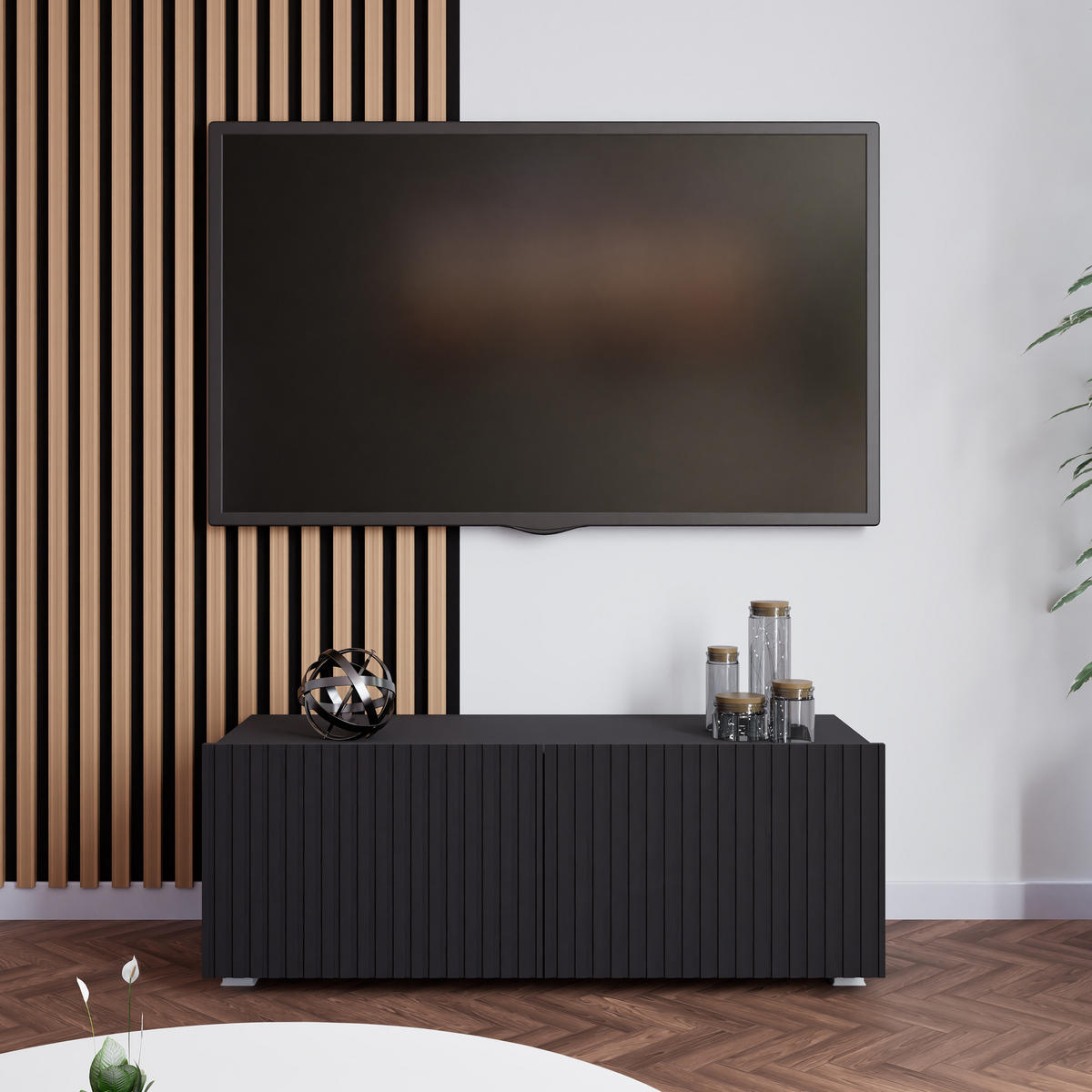 LOWBOARD Kavell mit 2 Türen, 100 cm, stehend/hängend, weiß matt - Schwarz, Holzwerkstoff (100/37.5/43cm) - Beautysofa