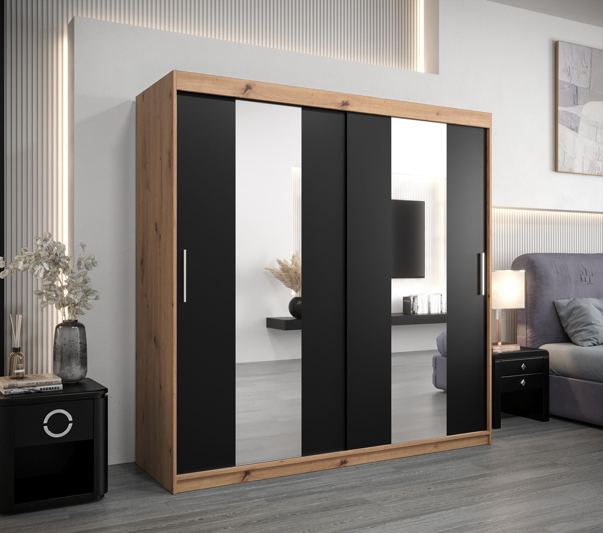 SCHWEBETÜRENSCHRANK 200/200/62 2-türig - Silberfarben/Schwarz, Holz/Kunststoff (200/200/62cm) - Abiks Möbel