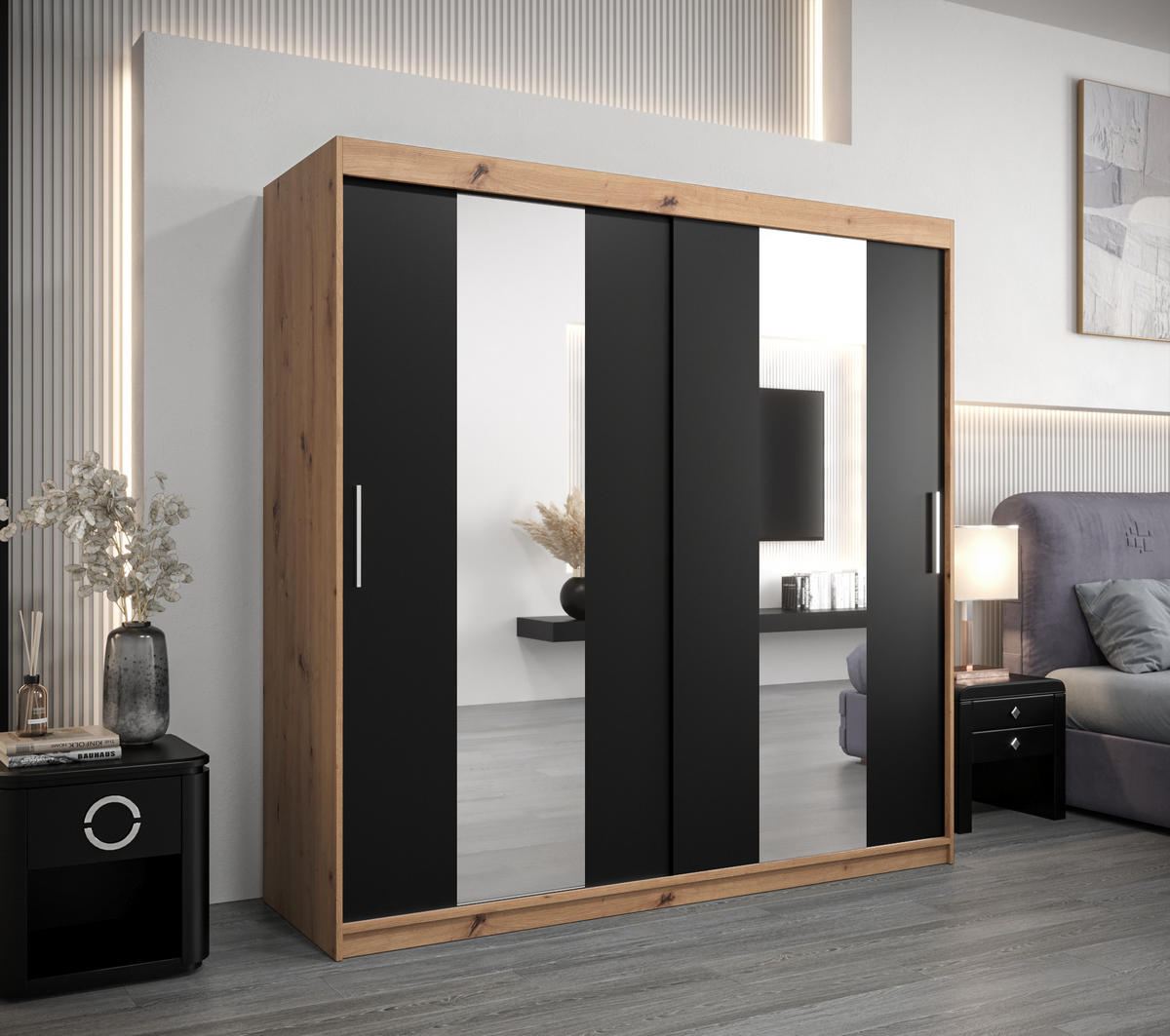 SCHWEBETÜRENSCHRANK 200/200/62 2-türig - Silberfarben/Schwarz, Holz/Kunststoff (200/200/62cm) - Abiks Möbel
