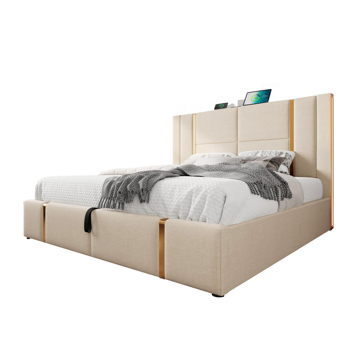 POLSTERBETT mit LED-Beleuchtung 180/200 cm mit Bettkasten und USB-C - Beige, Textil (180/200cm) - BEAOK