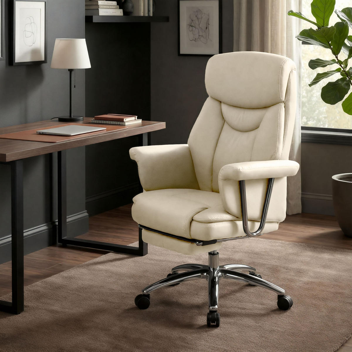 CHEFSESSEL Echtleder Creme - Chromfarben/Creme, Leder/Metall (78/114/66cm) - CLP