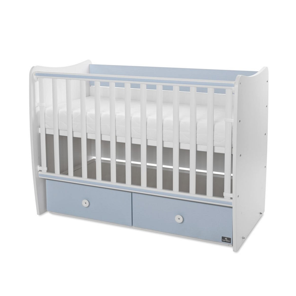 BABYBETT MATRIX NEW 120 x 60 cm blau 120 x 60 cm, Schaukelfunktion, 2 Schubladen, 2 Ebenen, Schlupfsprossen - Blau, Holzwerkstoff (60/120cm) - Lorelli