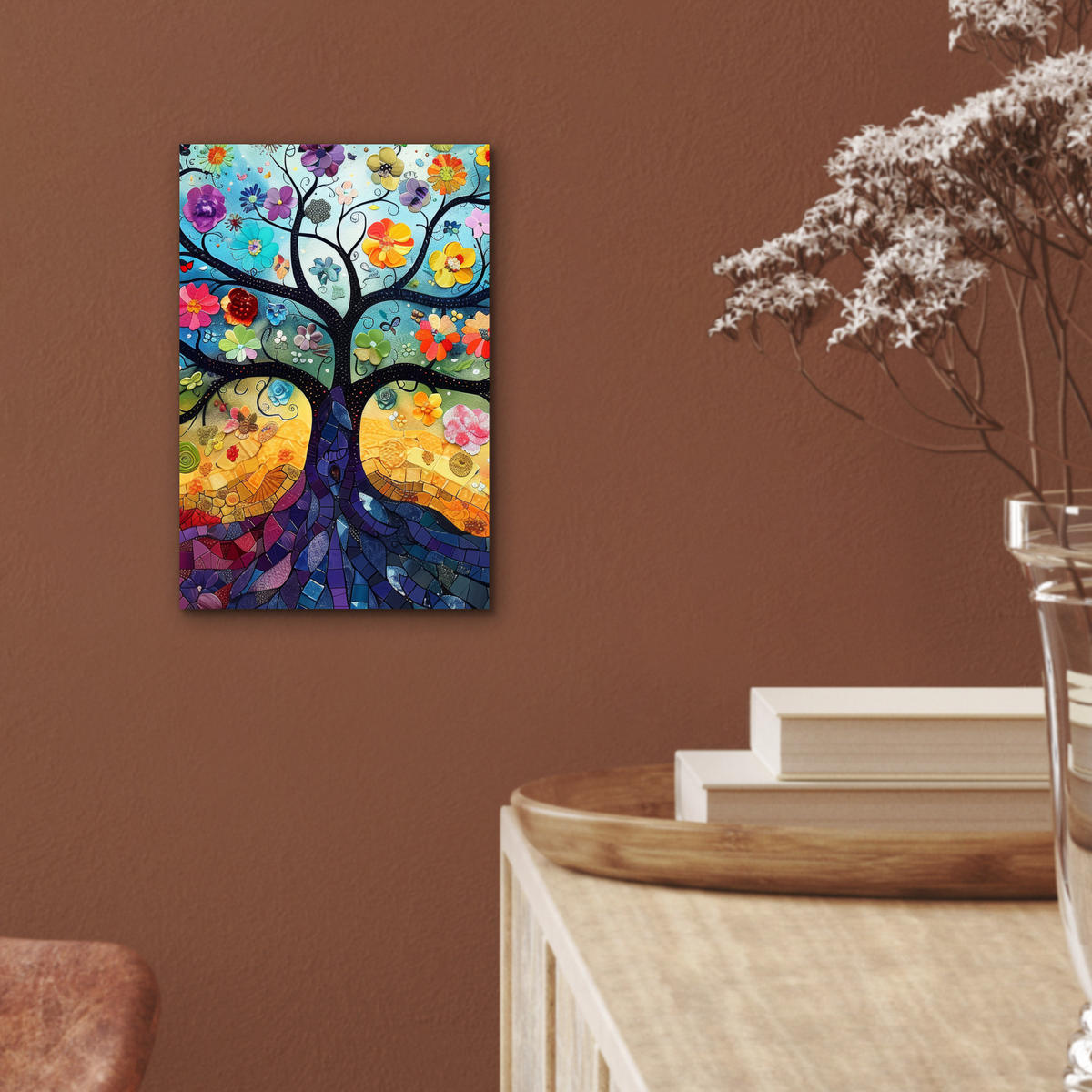 KOVOVÝ OBRAZ Umenie - Strom života - Kvety - Hippie 20x30 cm - tmavomodrá, kov (20/30cm) - MuchoWow