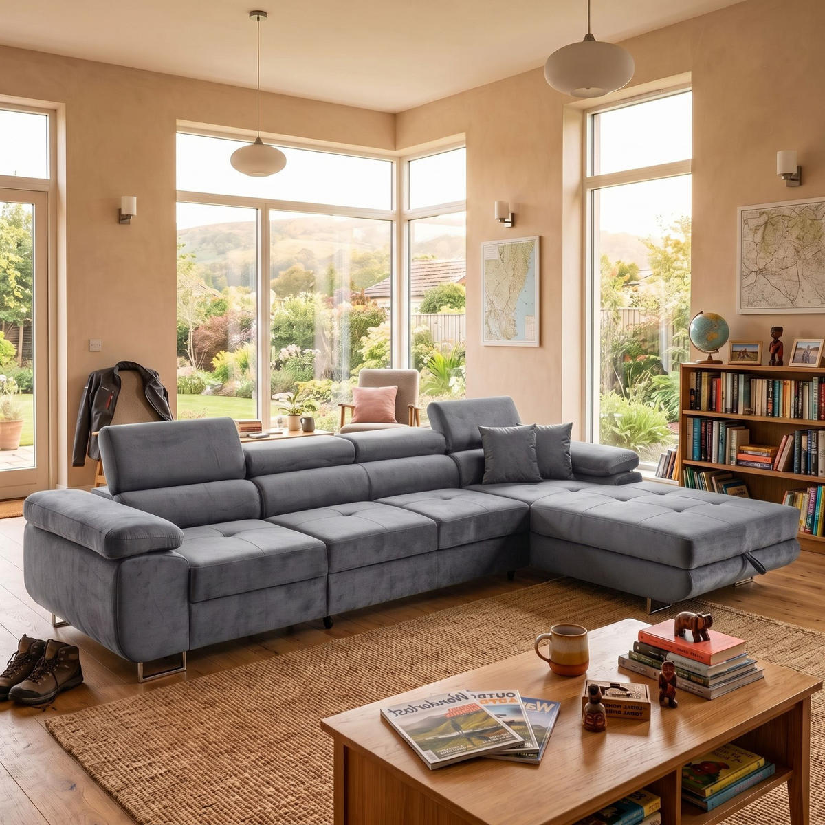 ECKSOFA ALONZO MAXI Rechts mit Schlaffunktion 125x195 Velours Grau - Silberfarben/Grau, Holz/Textil (203/350cm) - Muffo