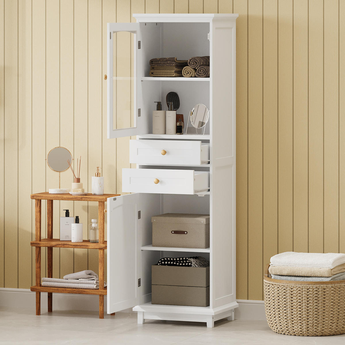 BADEZIMMERSCHRANK mit Glastür 45 x 36 x 160 cm Weiß - Weiß, Glas (36/160/45cm) - Beauniv