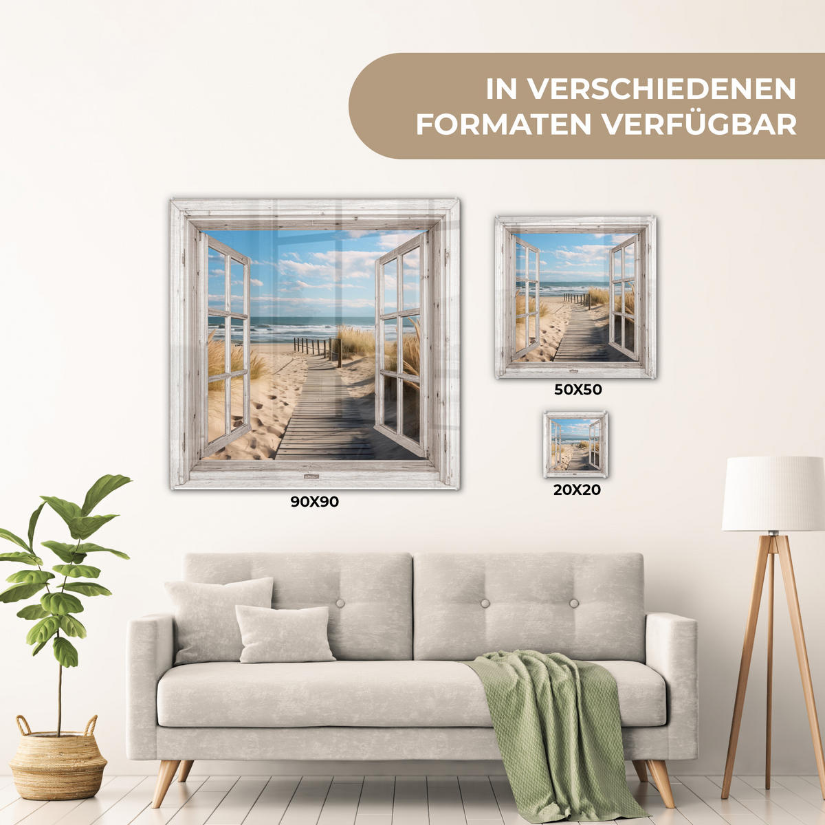 ACRYLGLASBILD Fenster - Meer - Küste - Natur - Ausblick - Strand - Wattenmeer 50x50 cm - Beige, Glas (50/50cm) - MuchoWow