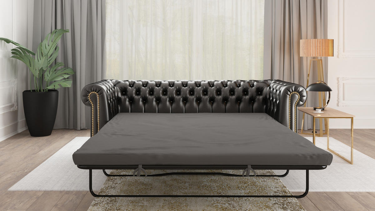 SITZGARNITUR 3+2+1 mit Schlaffunktion Chesterfield Morin Schwarz Vegan Leder - Schwarz/Braun, Buchenholz/Textil (203/72/86cm) - S-Style Möbel