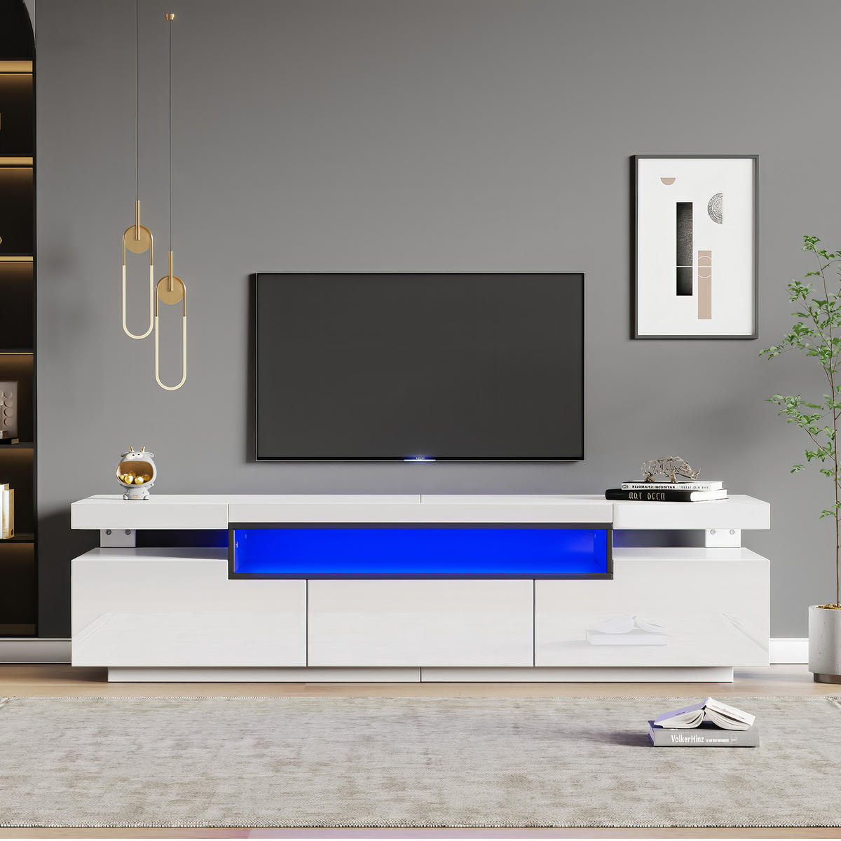 TV-SCHRANK 160/39/42 cm weiß mit 16 Farben LED-Beleuchtung und 3 Schubladen für 70 Zoll Fernseher - Weiß, Holzwerkstoff (160/42/39cm) - OKWISH