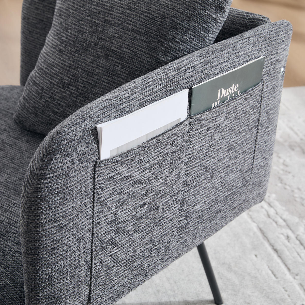 SESSEL mit Beistelltisch und Seitentaschen, Polstersessel Wohnzimmer, Dunkelgrau - Grau, Textil (64/71/64cm) - PARAFTA HOME