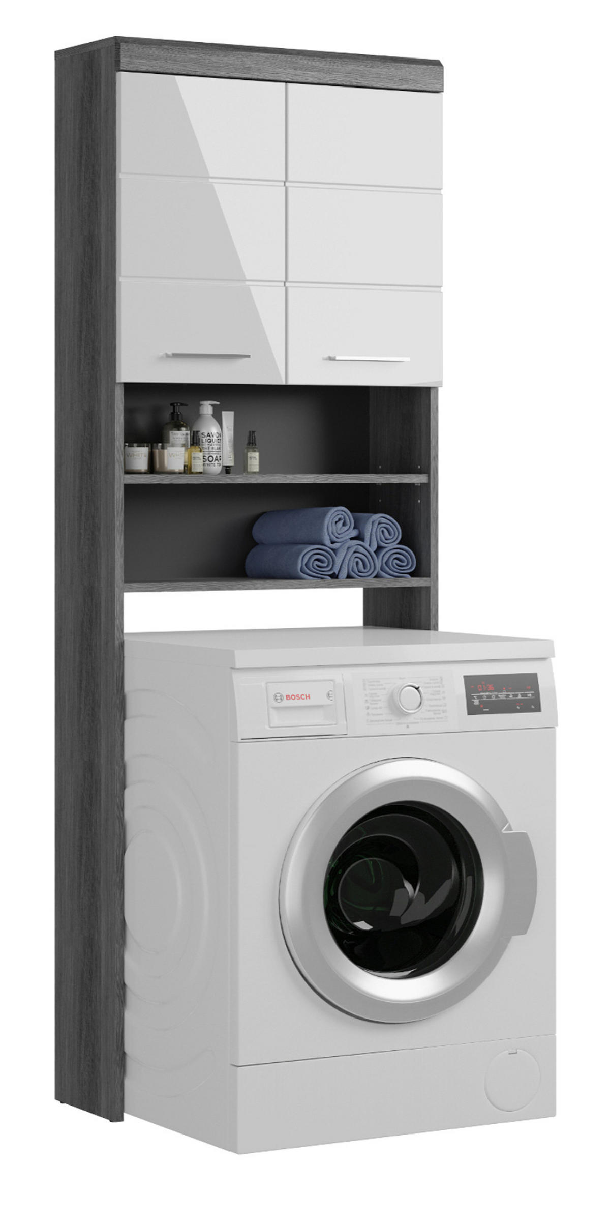 WASCHMASCHINENSCHRANK weiß Hochglanz, grau 63 cm, 6 Fächer - Chromfarben/Weiß Hochglanz, Holzwerkstoff/Kunststoff (63/191/24cm) - Inn.Furn