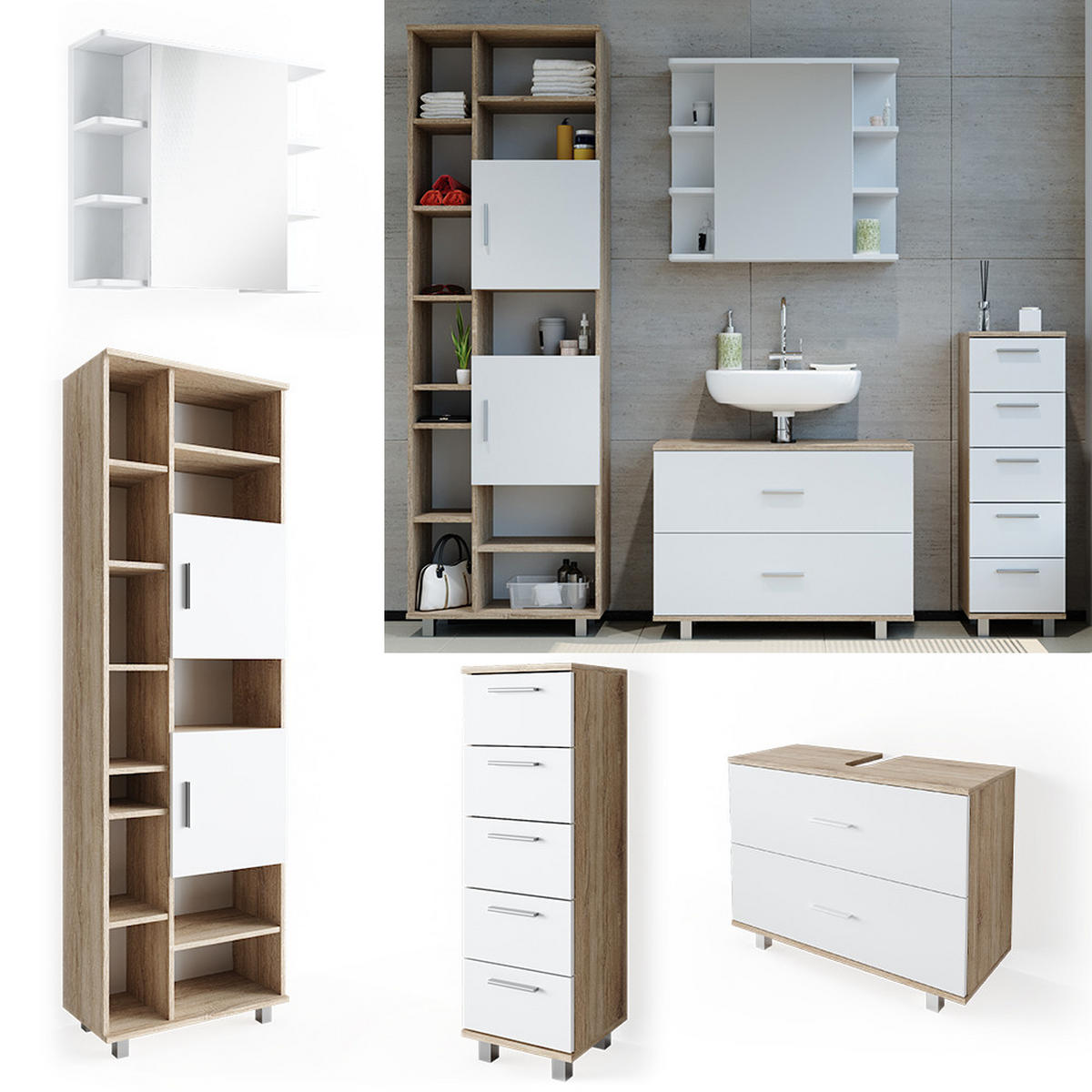 BADMÖBEL-SET Ilias Weiß/Sonoma 4 Teile, mit Hochschrank - Weiß/Sonoma Eiche, Holzwerkstoff (80.2/60.8/33cm) - Vicco