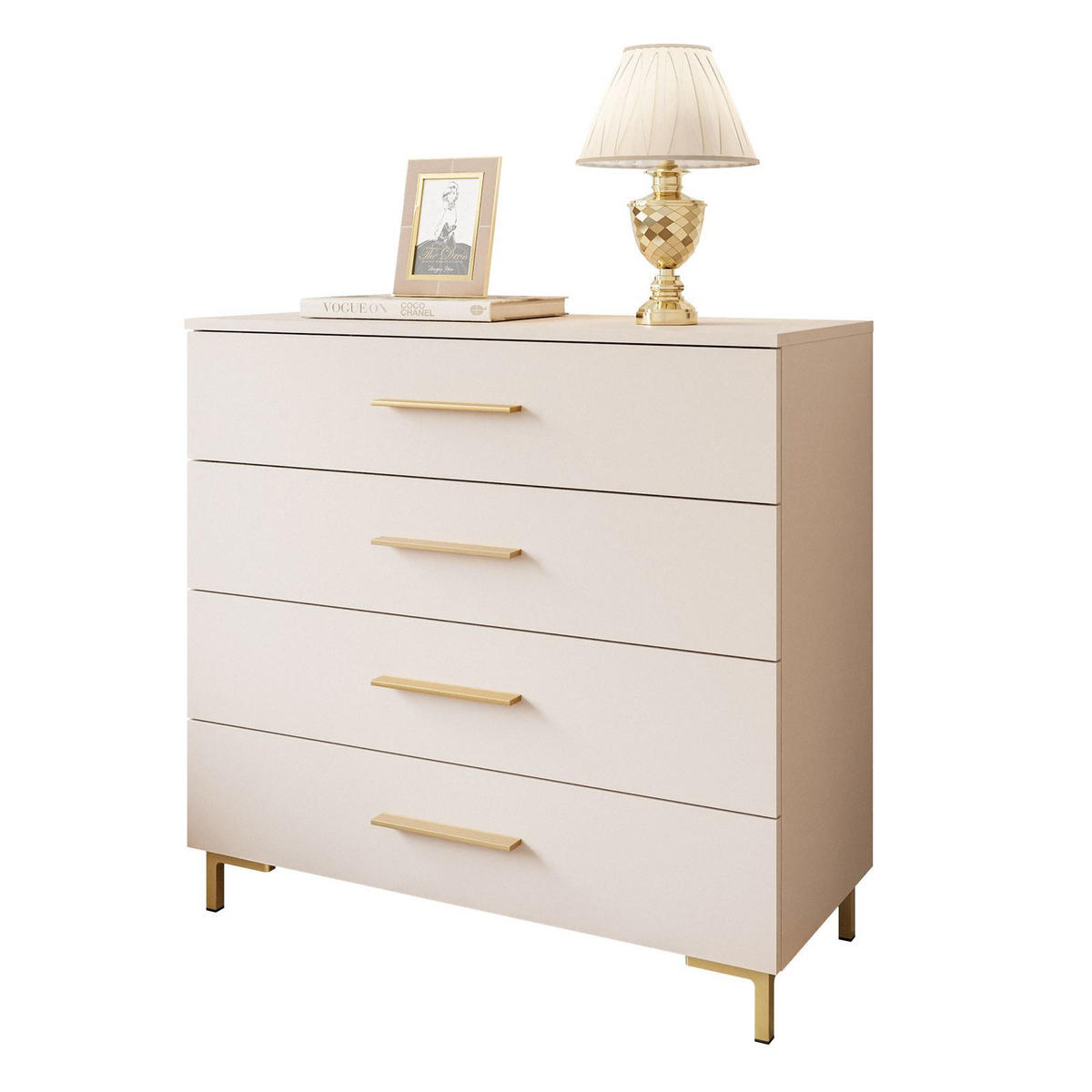 KOMMODE LINA KASCHMIR 4S mit Schubladen und LED-Beleuchtung Goldene Beine und Griffe - Kaschmir/Goldfarben, Holzwerkstoff (95/86/40cm) - Lookway