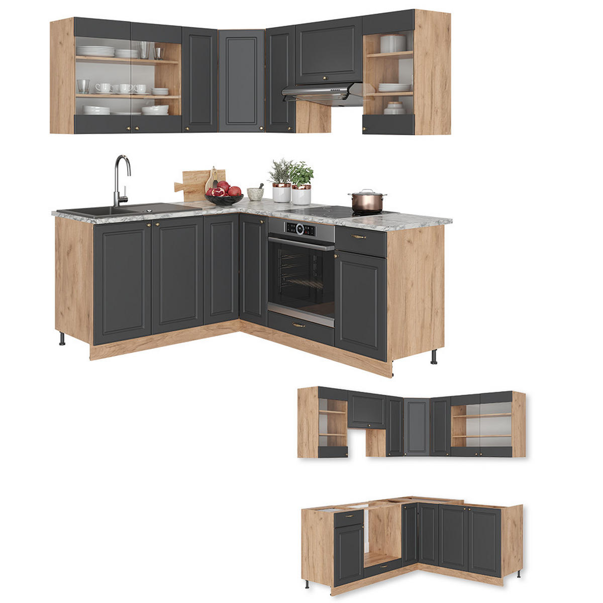 ECKKÜCHE Fame-Line Anthrazit Landhaus/Goldkraft Eiche 160 x 60 cm ohne AP - Honigeiche/Anthrazit, Holzwerkstoff (190/81.6/46cm) - Vicco