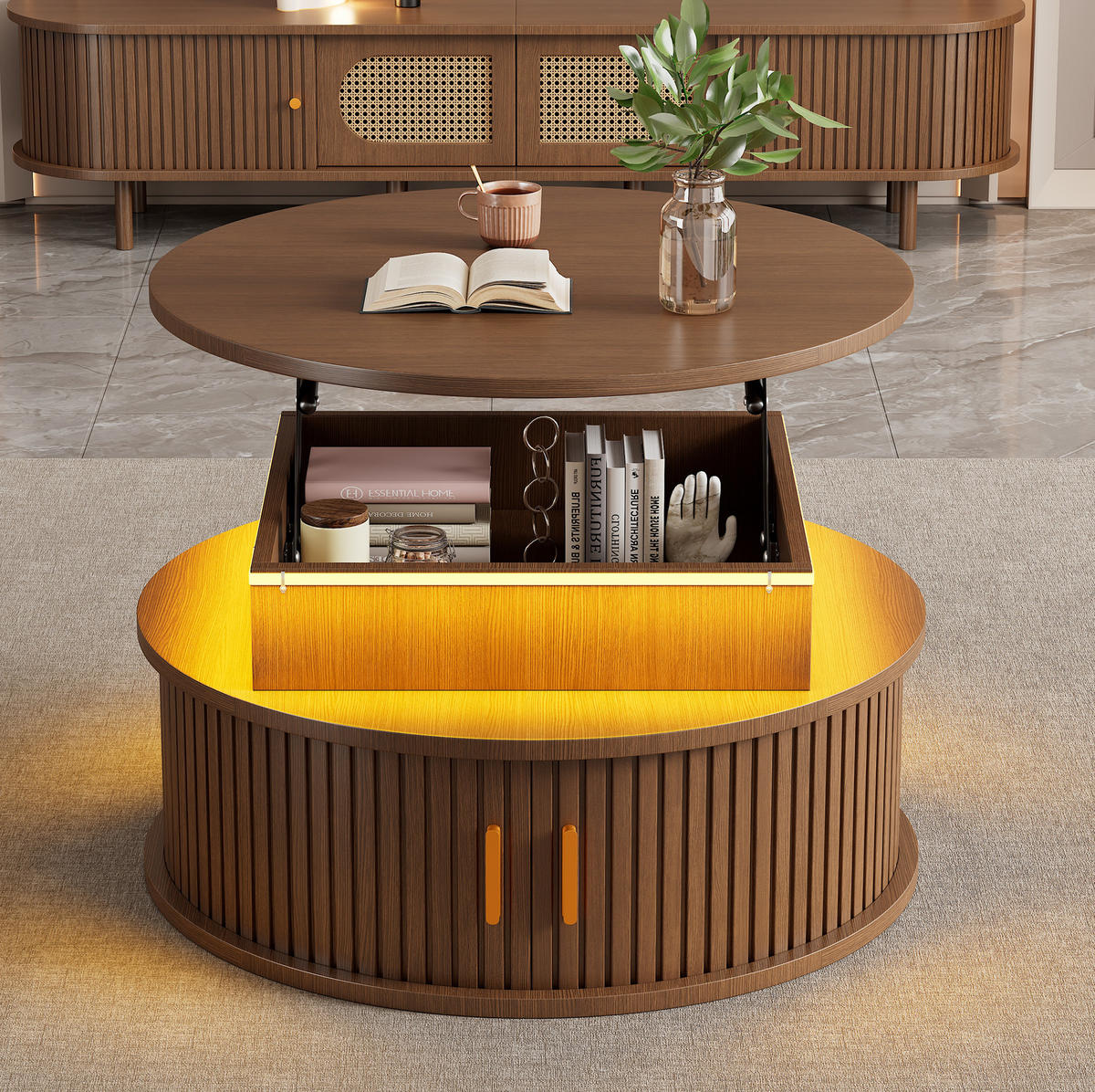 COUCHTISCH 75/75/52 cm walnussfarben aus MDF höhenverstellbar mit LED und Stauraum - Nussbaumfarben, Holzwerkstoff (75/75/52cm) - OKWISH