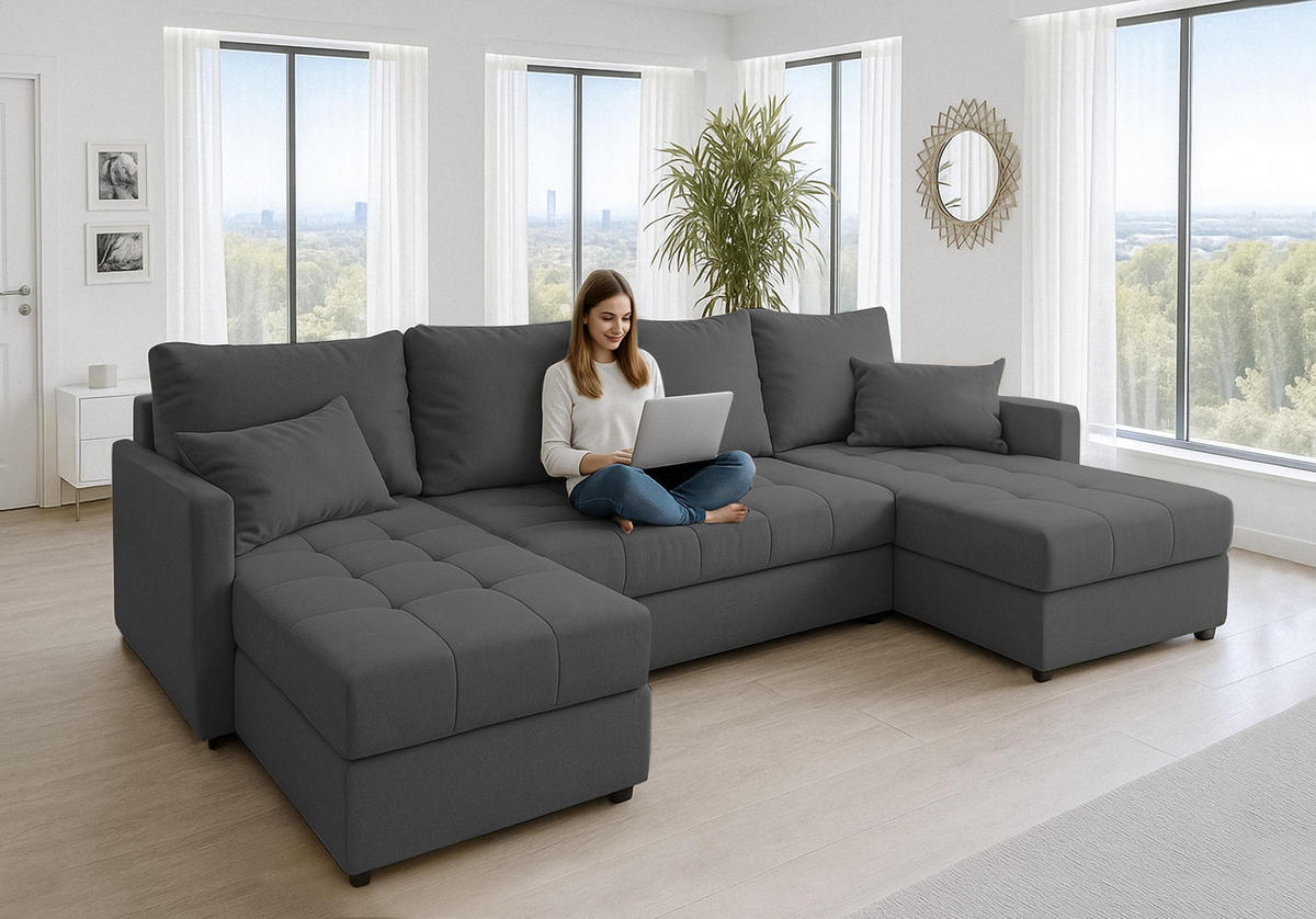 WOHNLANDSCHAFT Dolceo Grau 287/140/73 cm mit Schlaffunktion Bettkasten Design - Anthrazit/Schwarz, Kunststoff/Textil (287/73/140cm) - AX Living