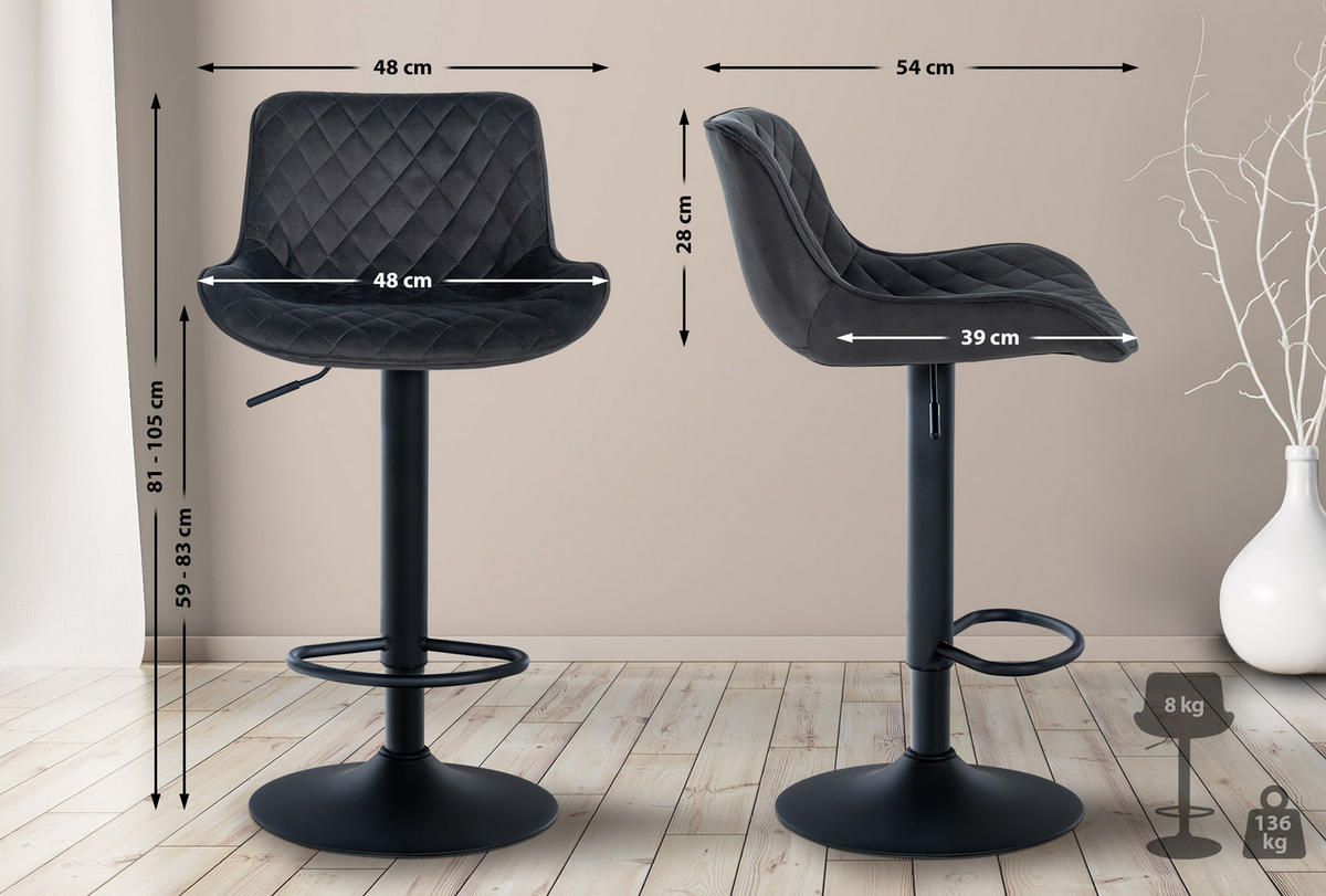 BARHOCKER Minerva Samt schwarz - Schwarz, Textil/Metall (48/105/54cm) - TPFLiving