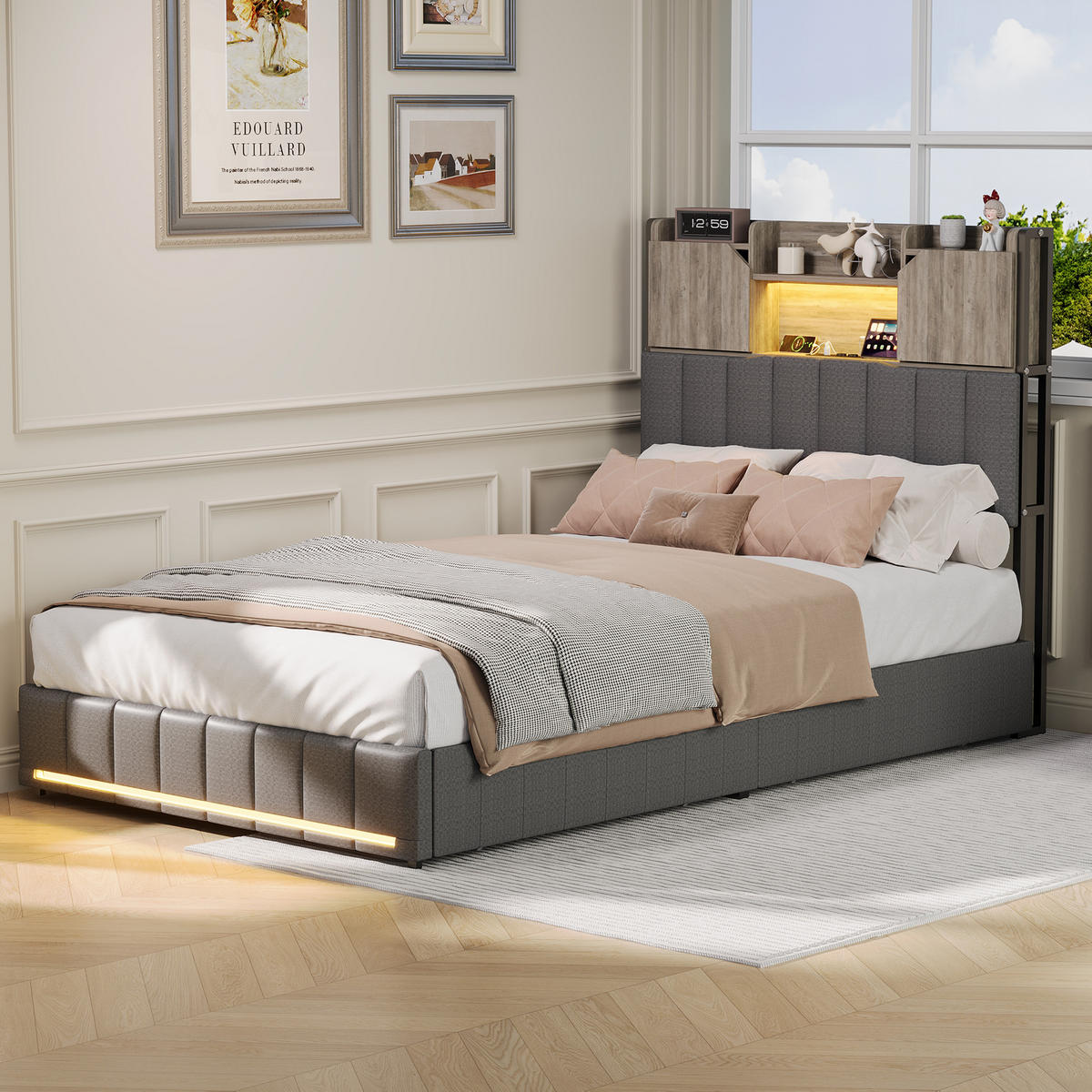POLSTERBETT 90x200 cm Grau LED USB 2 Schubladen Kopfteil - Schwarz, Holz (90/200cm) - SHOPENTRA