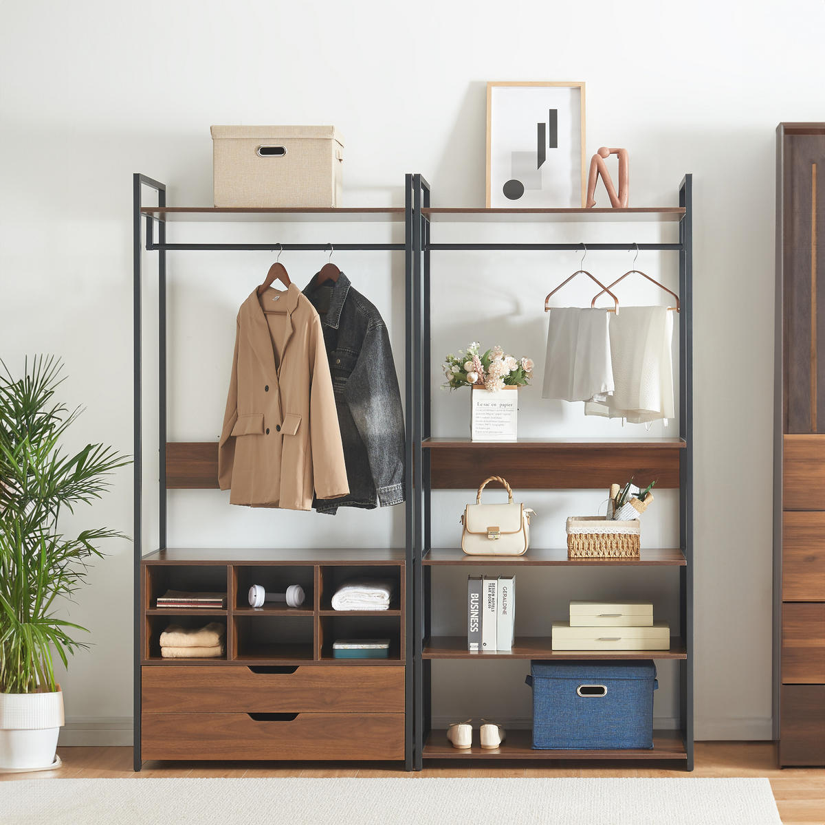 GARDEROBEN-SET 2 TLG. Larem - Walnussfarben/Schwarz, Holzwerkstoff/Metall (168/180/40cm) - [en.casa]
