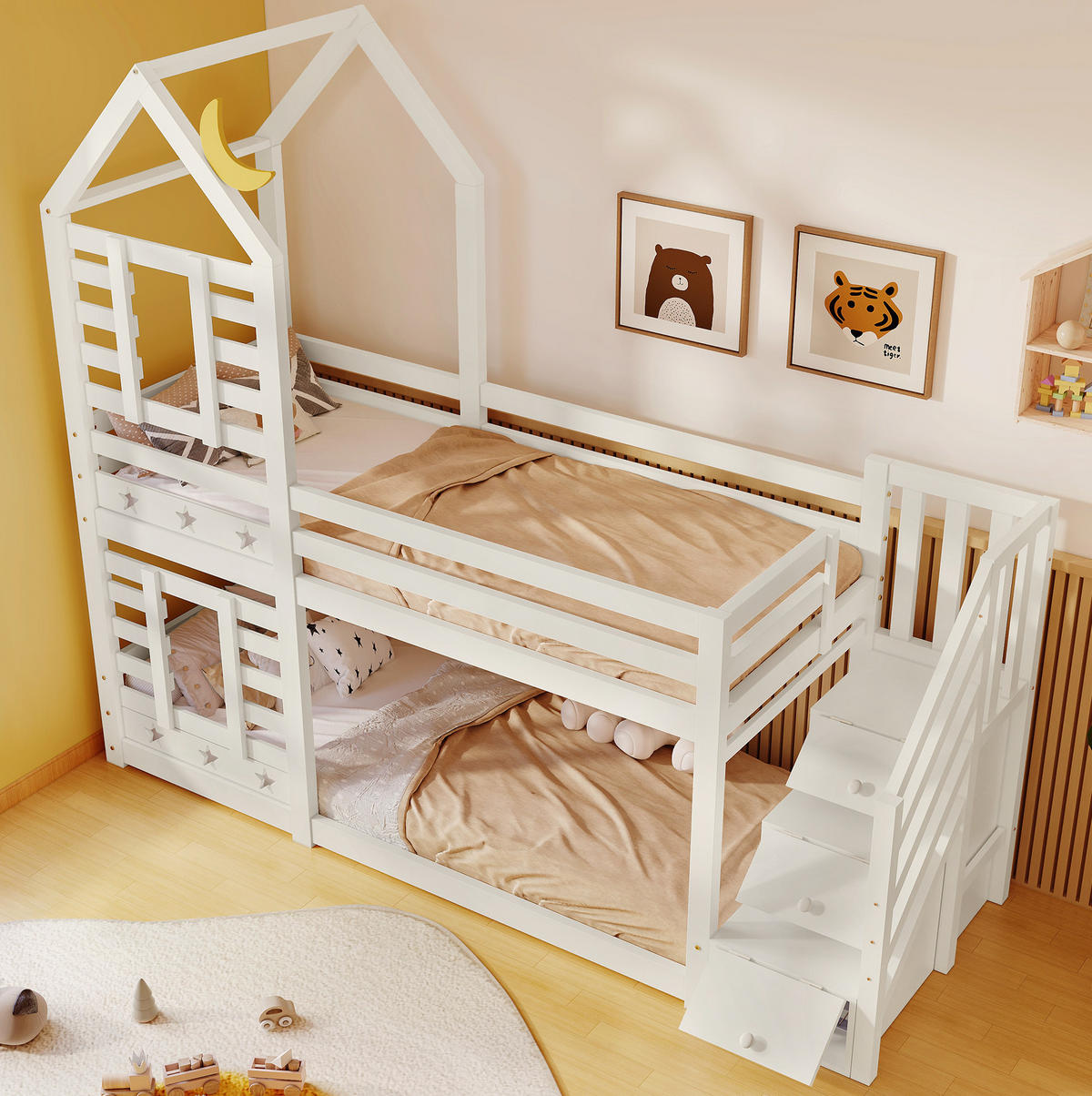 HAUSBETT 90/200 cm in Weiß mit Treppe, Schubladen und Hausrahmen - Weiß, Holzwerkstoff (90/200cm) - BEAOK