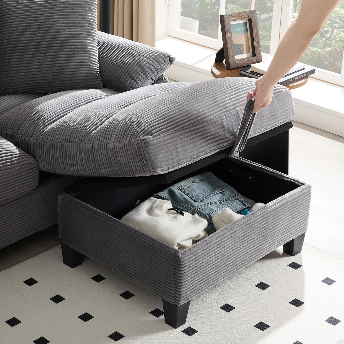 WOHNLANDSCHAFT U-Form Cord mit Stauraum und USB-Anschluss 293/142/93 cm Grau - Grau, Kunststoff/Textil (93/293/142cm) - Redom