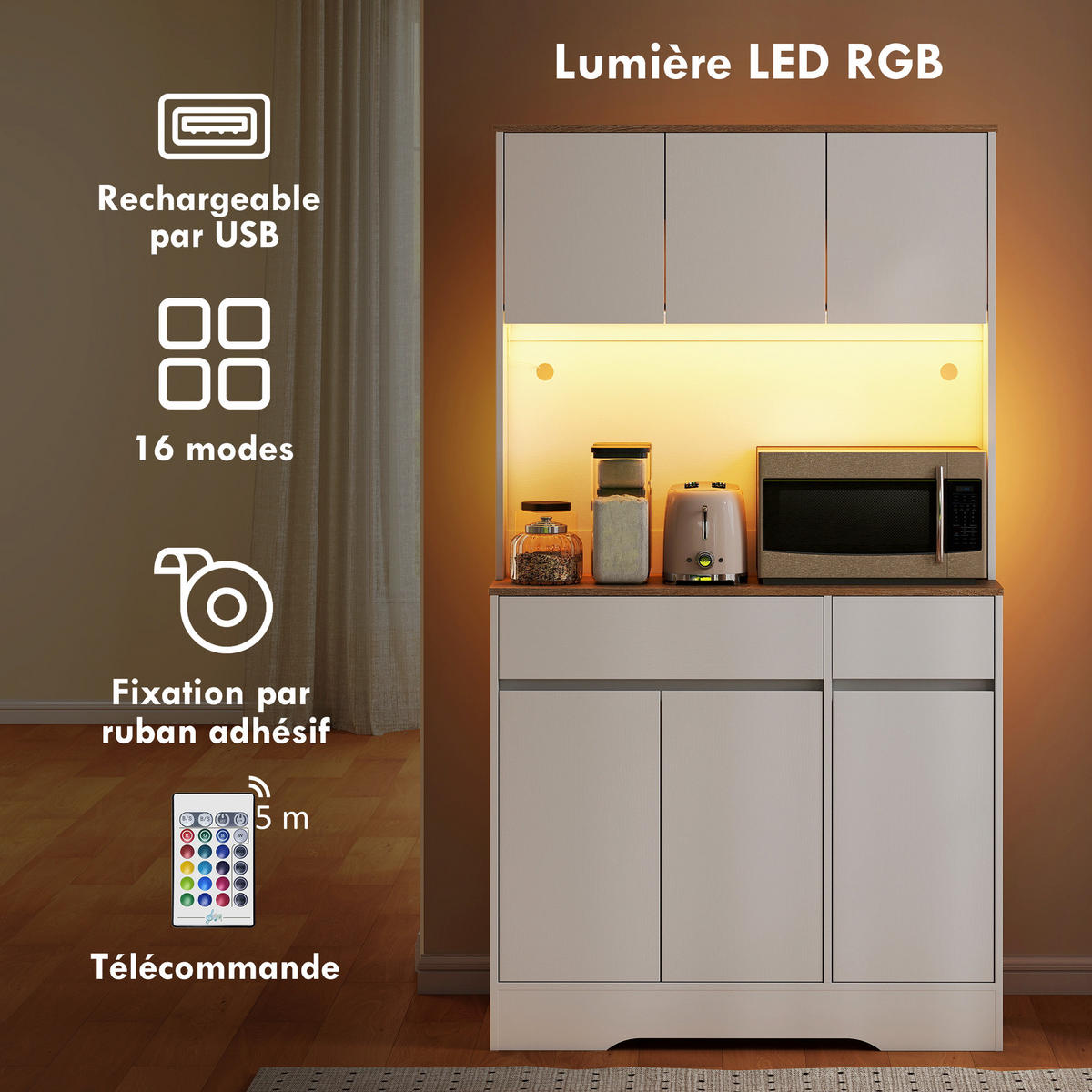 BUFFET DE-11308 LED-RGB, 6 Türen & 2 Schubladen mit Arbeitsplatte Weiß - Weiß, Holzwerkstoff (38/180/100cm) - ComfortXL