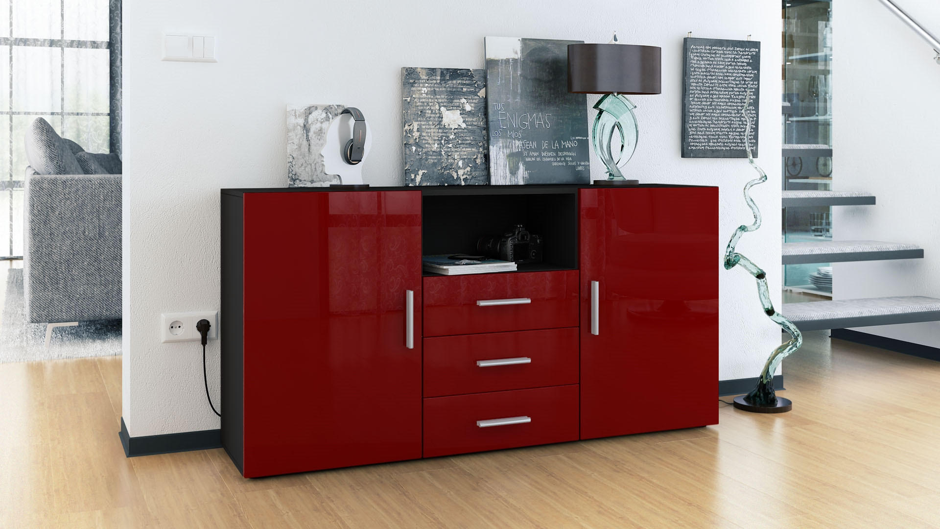 SIDEBOARD Skadu Front in Bordeaux Hochglanz - Bordeaux, Holzwerkstoff (138.5/71.5/35cm) - Vladon