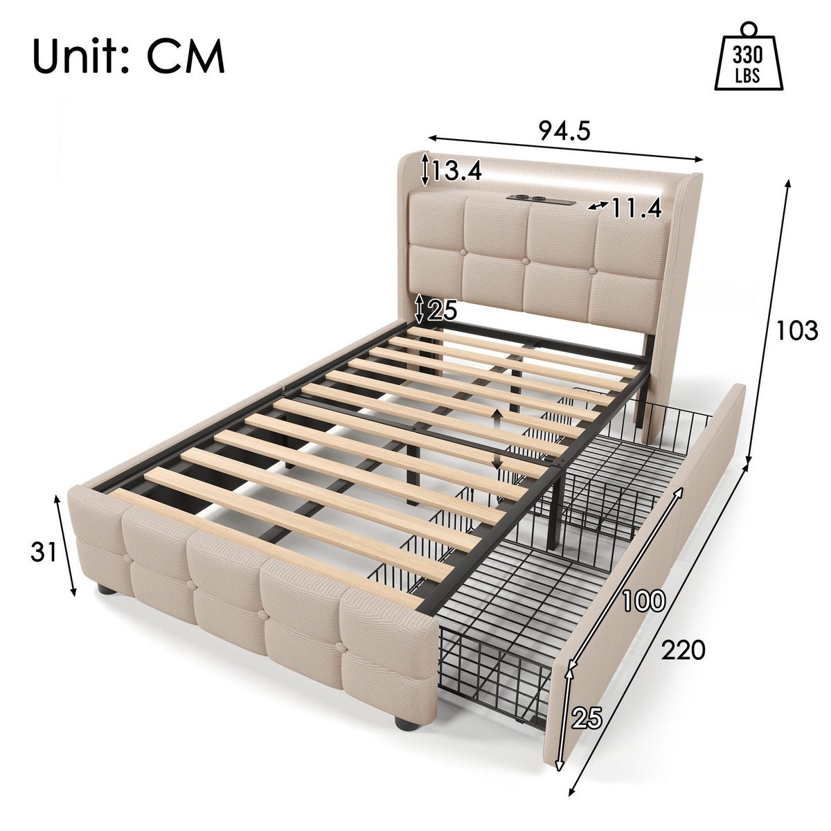 POLSTERBETT mit USB-Ladefunktion, Kopfteil und LED-Beleuchtung - Beige, Textil (90/200cm)