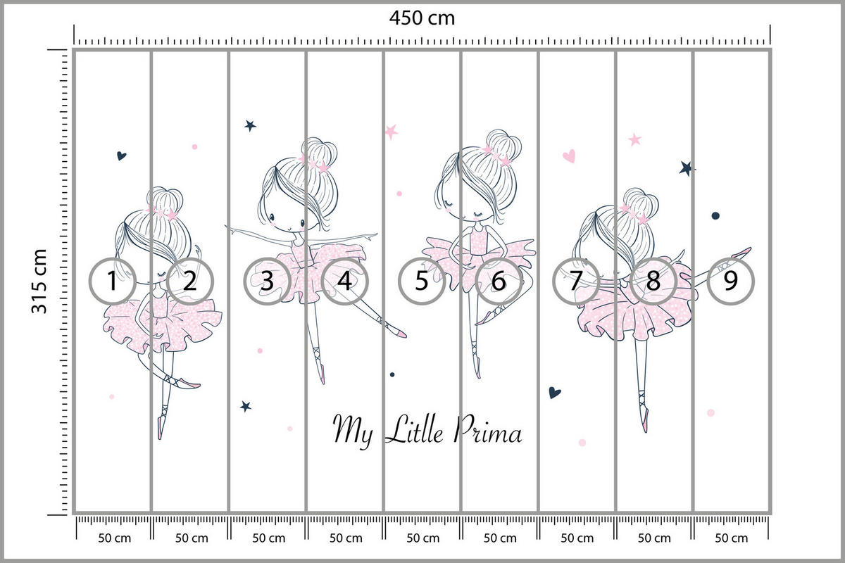 FOTOTAPETE für Kinderzimmer Kleine Ballerinen Tanzen Herzen Sterne 450x315 - Weiß, Papier (450/315cm) - Muralo
