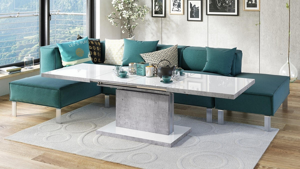 COUCHTISCH rechteckig Weiß Hochglanz - Beton ausziehbar höhenverstellbar - Weiß Hochglanz/Hellgrau, Holzwerkstoff (70/120/56cm) - designimpex