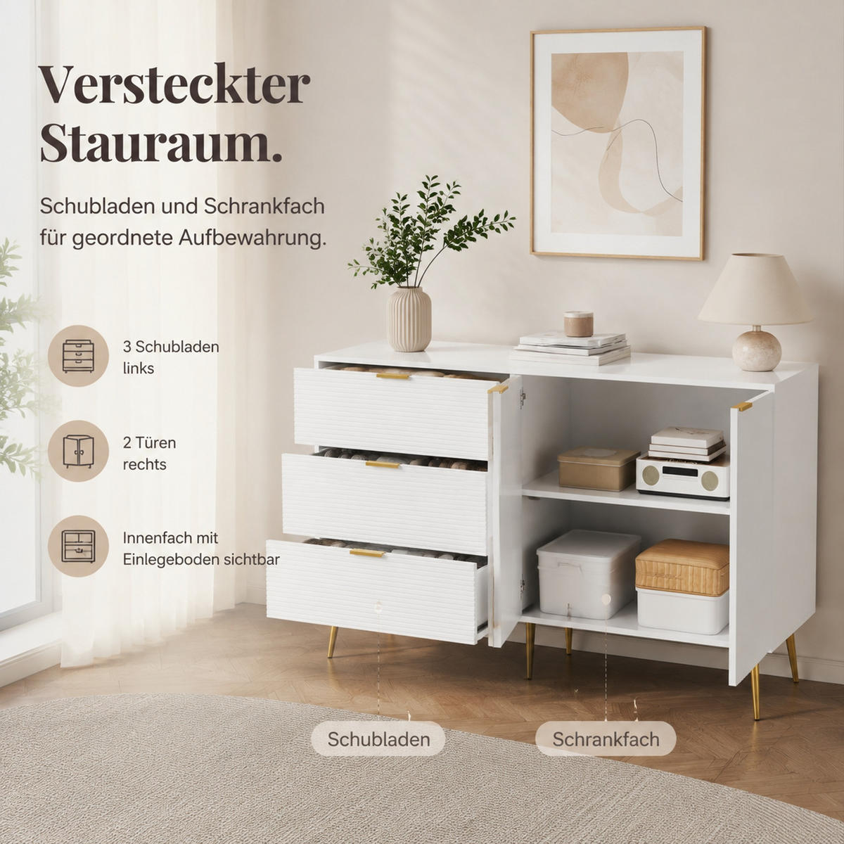 SIDEBOARD z MDF, 120/38/80,5 cm bílý/zlatý se 3 zásuvkami a 2 dvířky - bílá, kompozitní dřevo (120/80.5/38cm) - Modenvie