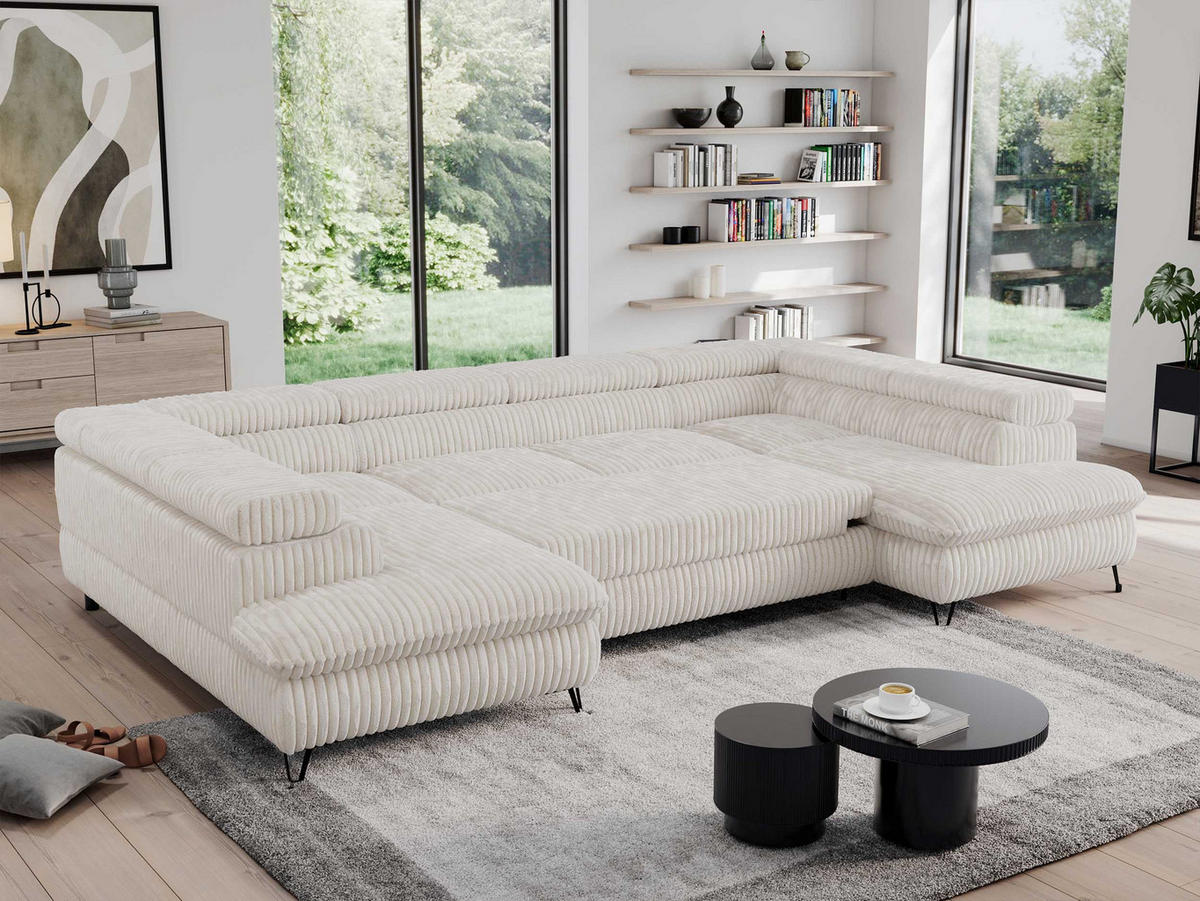 WOHNLANDSCHAFT PEDRO U Cord Creme - Creme/Schwarz, Textil/Metall (346/76/208cm) - MKS