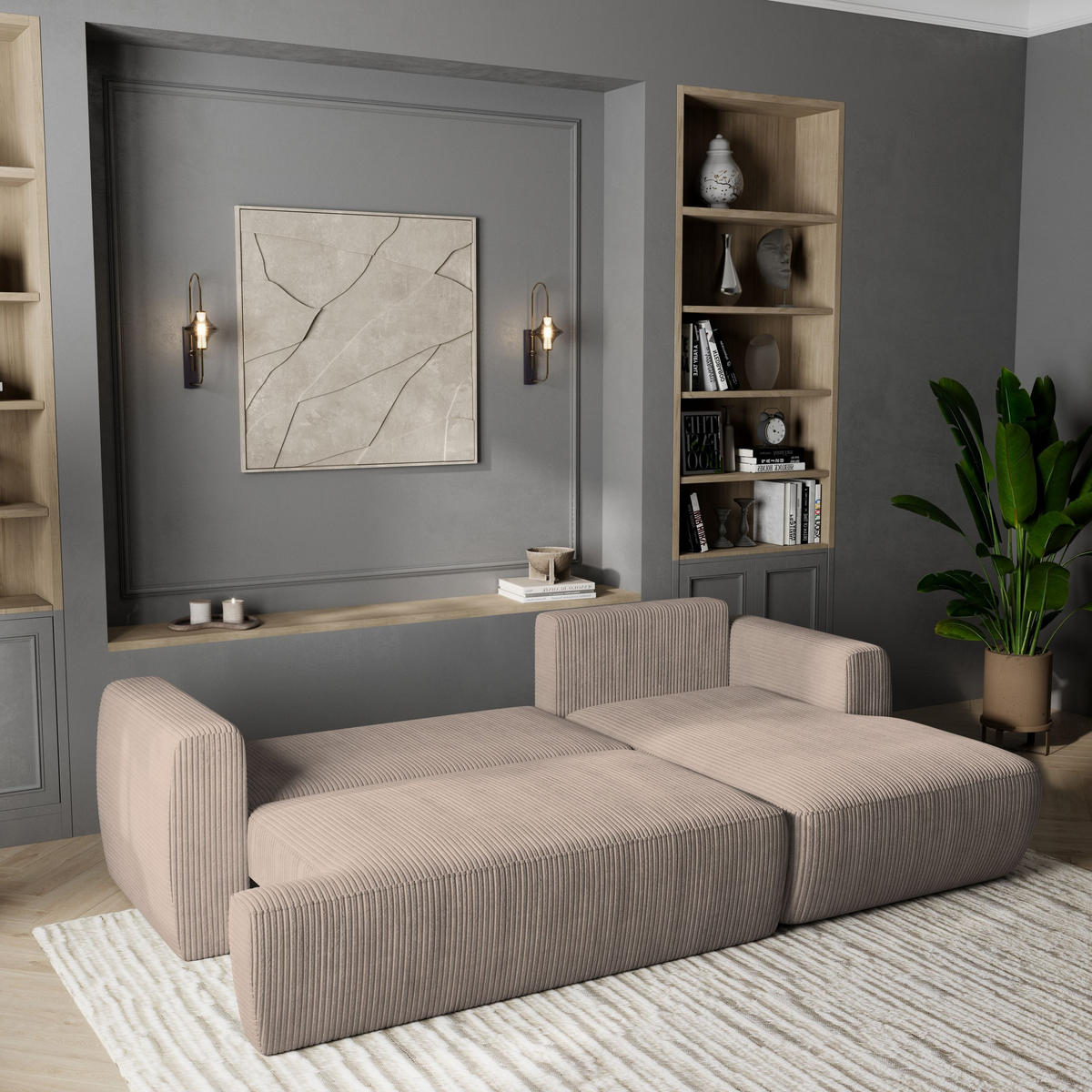 ECKSOFA SENTI P R-S Beige Kordstoff mit Schlaffunktion - Beige, Holz (246/148cm) - MASSENO