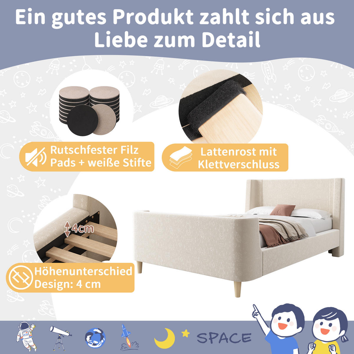 KINDERBETT 90/200 cm in Beige Samt - Weiß, Holzwerkstoff/Textil (90/200cm) - WISHDOR