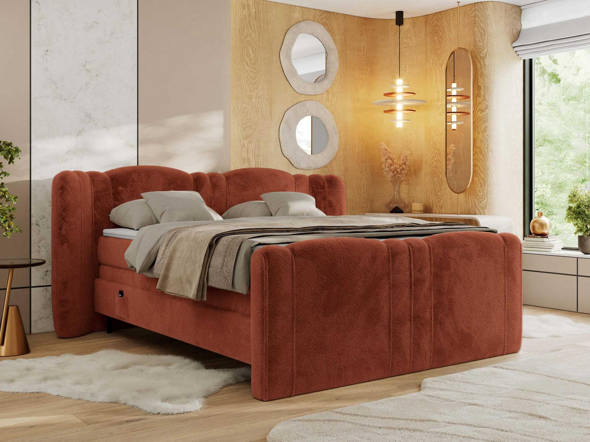 BOXSPRINGBETT FORTINA 180/200 - Orange Plüsch - Topper T25 - H4 - Schwarz/Orange, Holz/Textil (180/200cm) - MKS