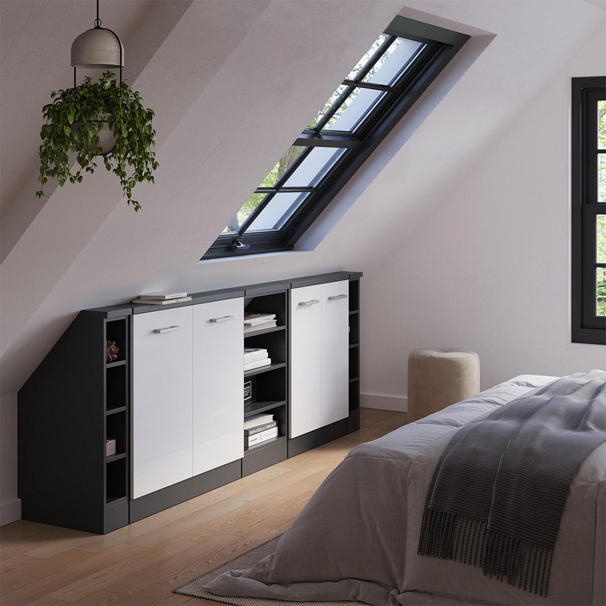 DACHSCHRÄGENSCHRANK-SET Rion Weiß Hochglanz/Anthrazit 5er Set - Weiß Hochglanz/Anthrazit, Holzwerkstoff (215/81.6/46cm) - Vicco