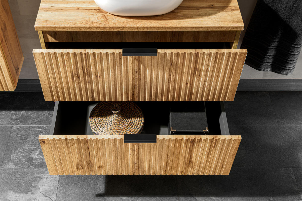 WASHTISCHKOMBI ADEN SET1 Profilierte Fronten Eiche - Eichefarben/Schwarz, Glas/Holzwerkstoff (80/75/46cm) - Komodee