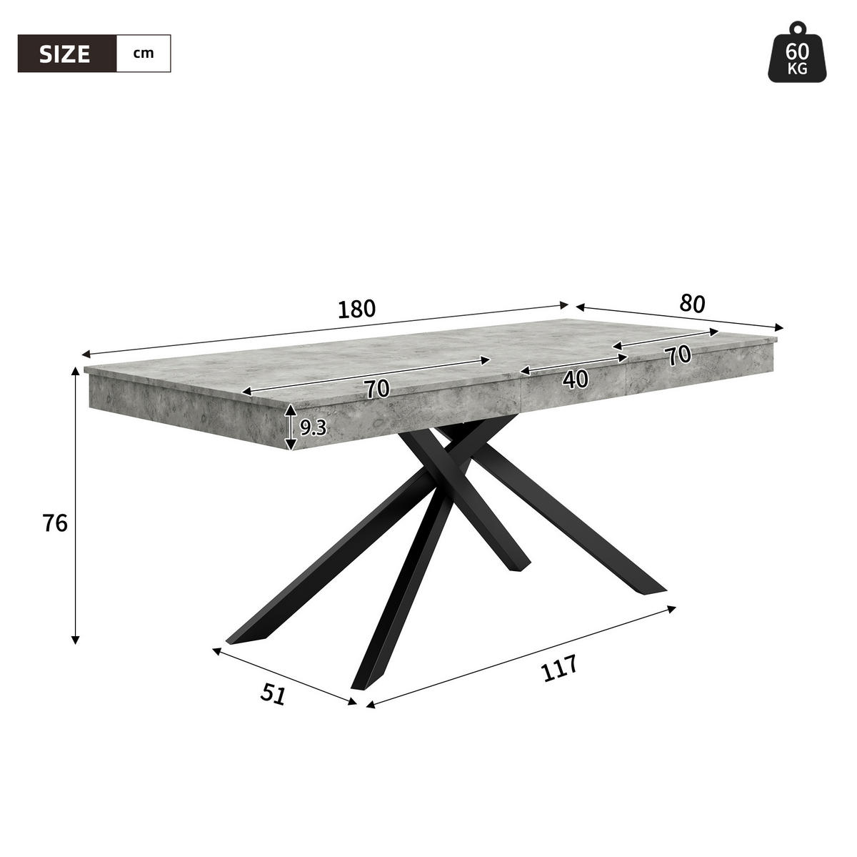 ESSTISCH 140/180/80 cm in Grau, ausziehbar mit gekreuztem Metallgestell - Grau, Holzwerkstoff (180/80/76cm) - Flora Grace
