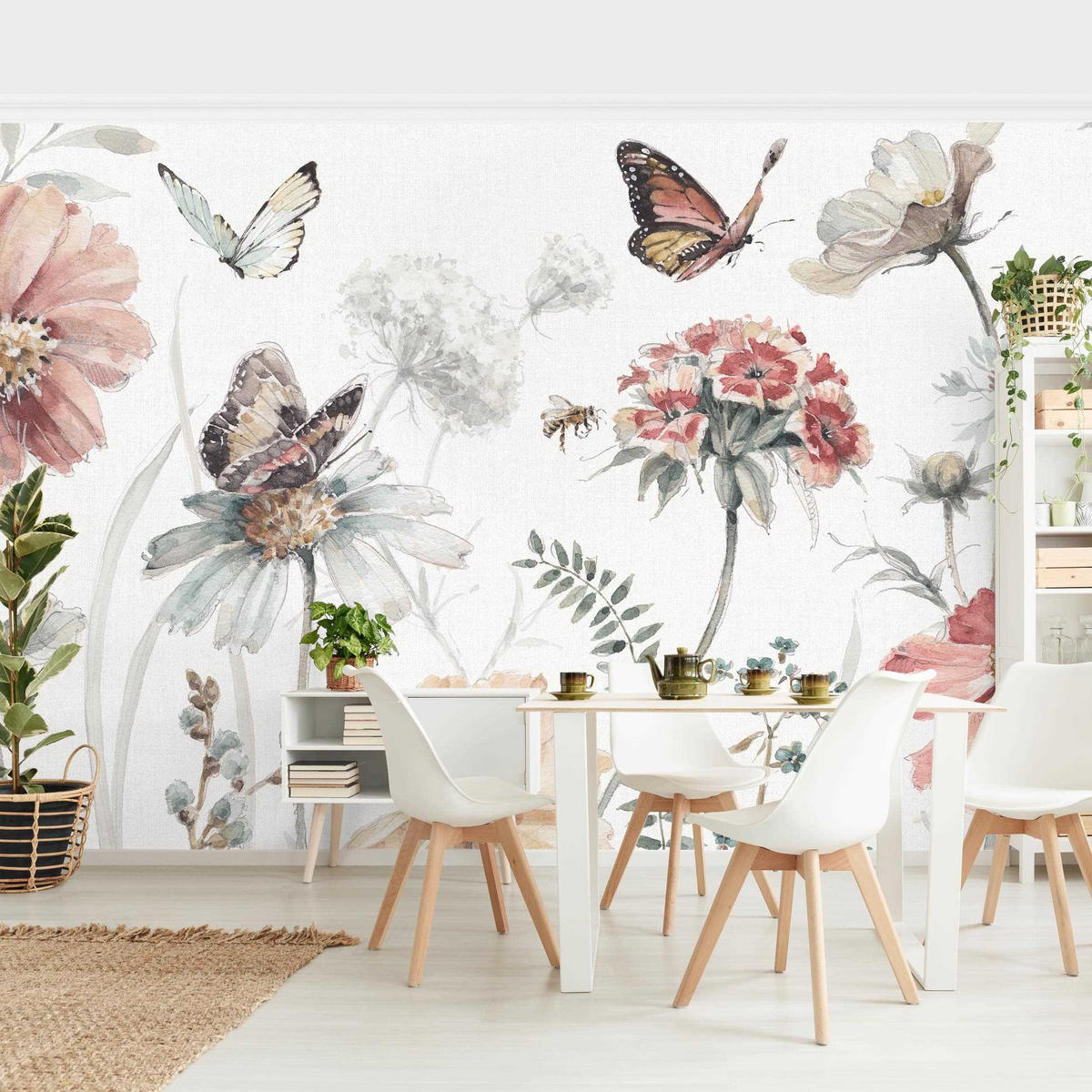 FOTOTAPETE Aquarell Blumenwiese mit Schmetterlingen 432/290 cm - Rosa, Papier (432/290cm) - Bilderwelten