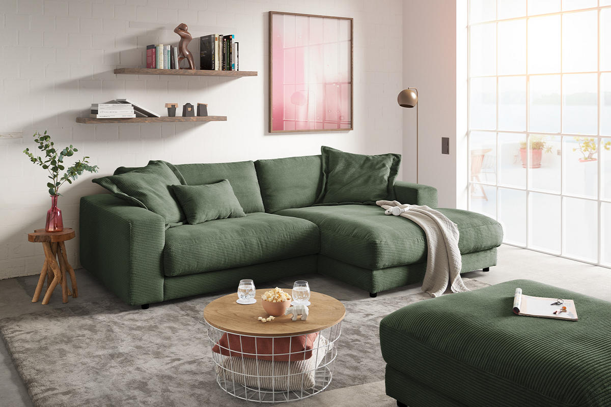 ECKSOFA MADELINE Grün Cord - Schwarz/Olivgrün, Kunststoff/Textil (270/190cm) - KAWOLA