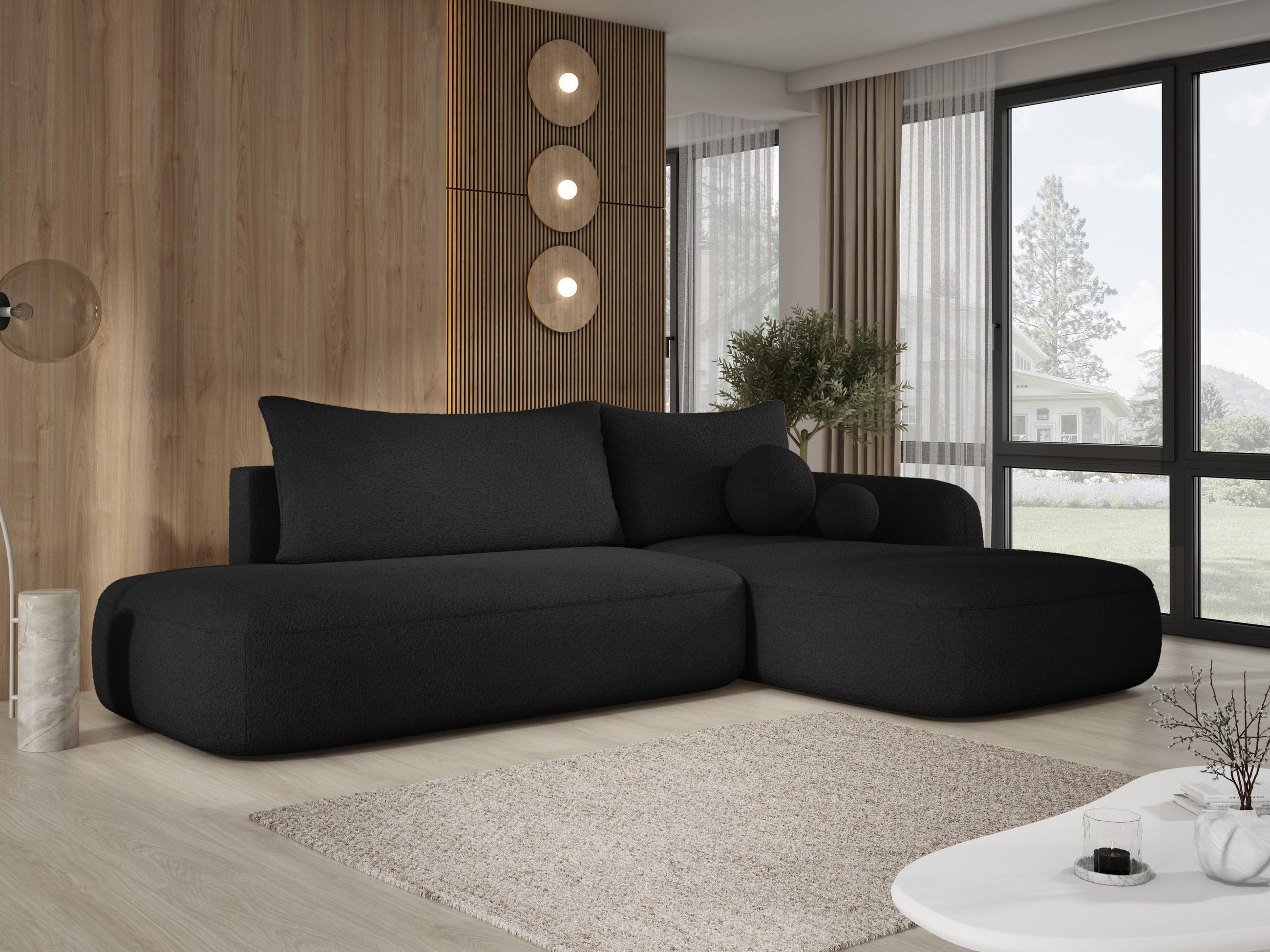 ECKSOFA BABU mit Schlaffunktion, Moderne Polsterecke für Wohnzimmer, funktionales Schlafsofa im Stoff NOW OR NEVER, 300x105x60cm rechte, Schwarz - Schwarz, Holz/Textil (300/190cm) - DomoHome