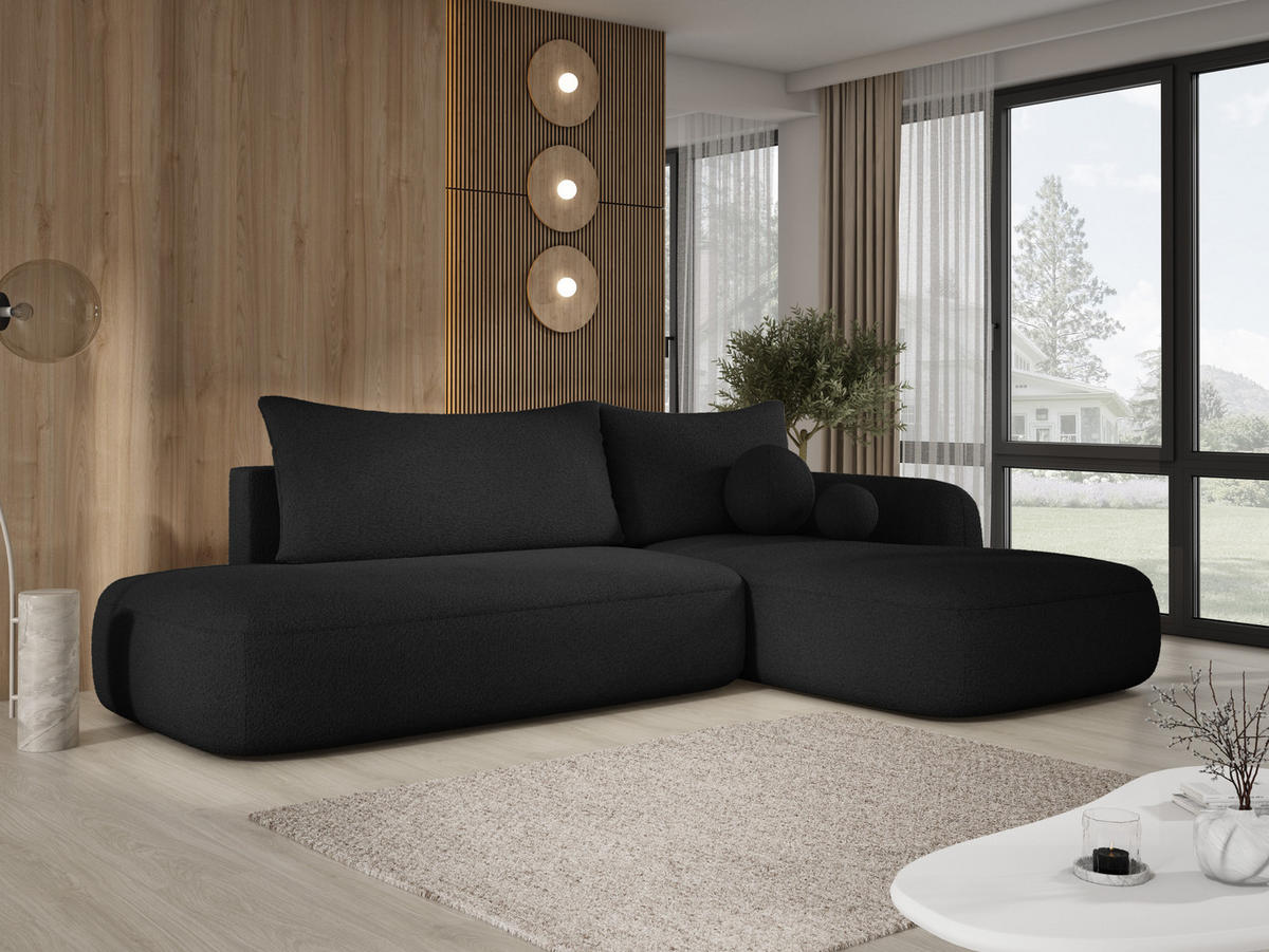 ECKSOFA BABU mit Schlaffunktion, Moderne Polsterecke für Wohnzimmer, funktionales Schlafsofa im Stoff NOW OR NEVER, 300x105x60cm rechte, Schwarz​ - Schwarz, Holz/Textil (300/190cm) - DomoHome