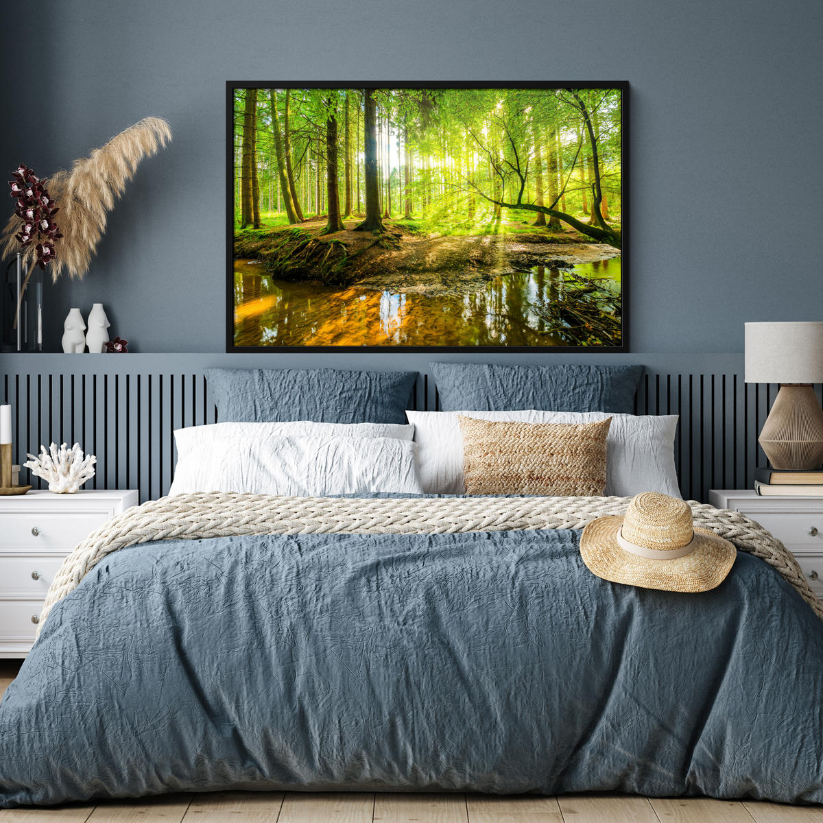 POSTER MIT RAHMENGERAHMTES BILD Wald - Landschaft - Wasser - Bäume - Sonne - Grün - Natur 120x80 cm - Grün, Papier (120/80cm) - MuchoWow